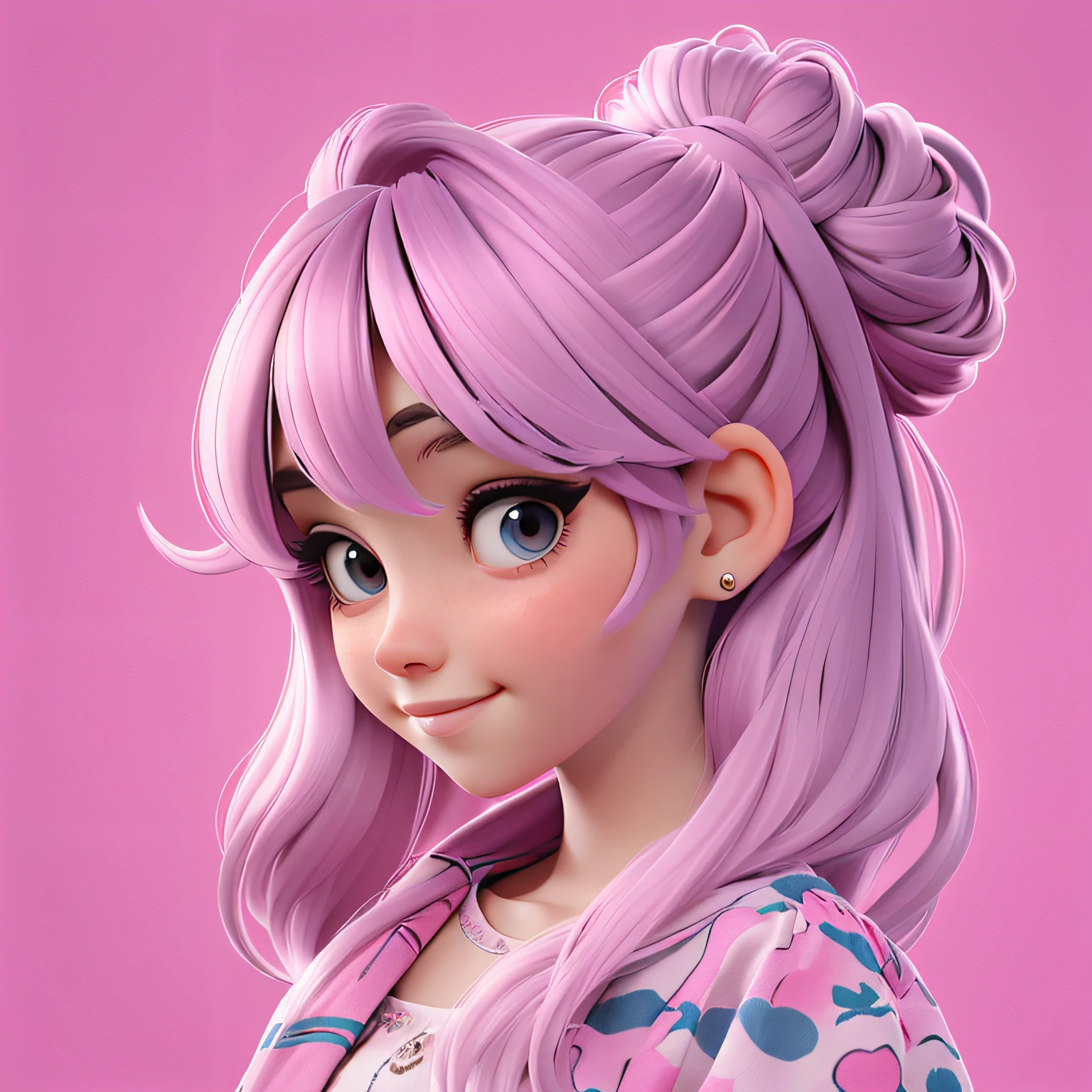 uma meniur hair is stuck in a messy bun, pavor, multicolorido, roupas leves, corpo inteiro, The background is filled with a pastel shade, evoking a sense of lightness and happiness.