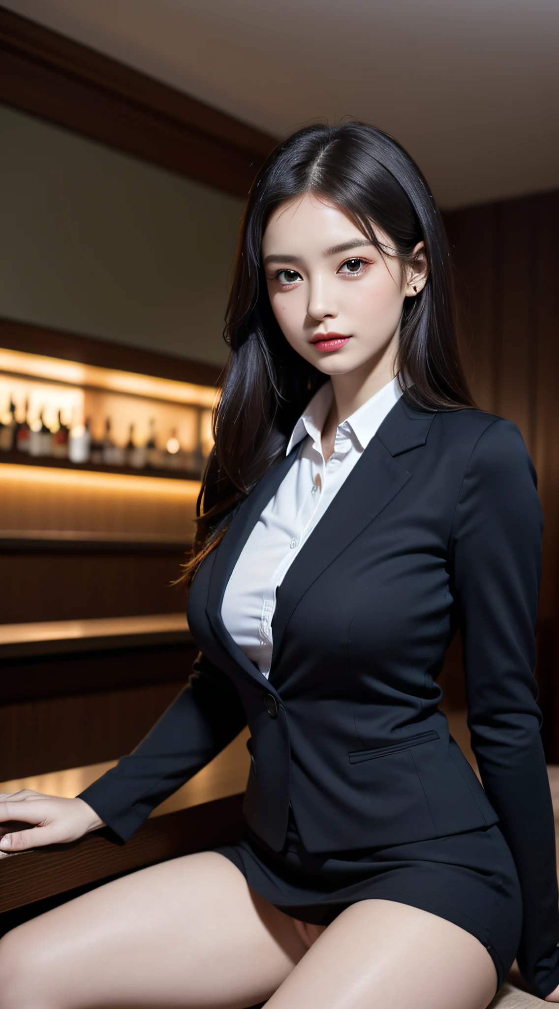 (1woman), beautiful, (Best Quality:1.4), (Ultra-detailed), (extremely detailed CG unified 8k wallpaper), Highly detailed, High-definition raw color photos, Professional Photography, Amazing face and eyes, makeup, (amazingly beautiful girl), ((Business suit)), ((mini skirt)), (business shirt with wide open breasts:1.25), Sitting, (Spread your legs), (no panties:1.1), (Dim and stylish bar, drinks, Cocktail:1.3), candle, (seven-colored illumination:1.3), (view from below)