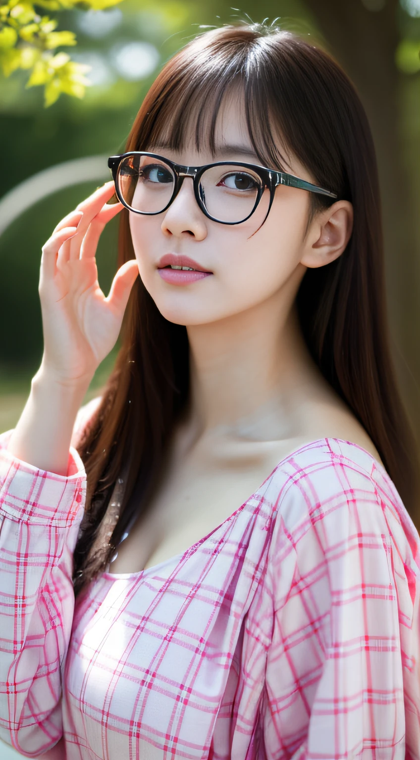 wears glasses、cherry trees、picnic、absolutely outstanding image, very extremely beautiful、masterpiece, top-quality,a picture, kawaii、(Colossal tits:1.2)、,8K,Japan girl realistic young idol、Young cute gravure idol、Young Sensual Gravure Idol、Young gravure idols、model in Japan