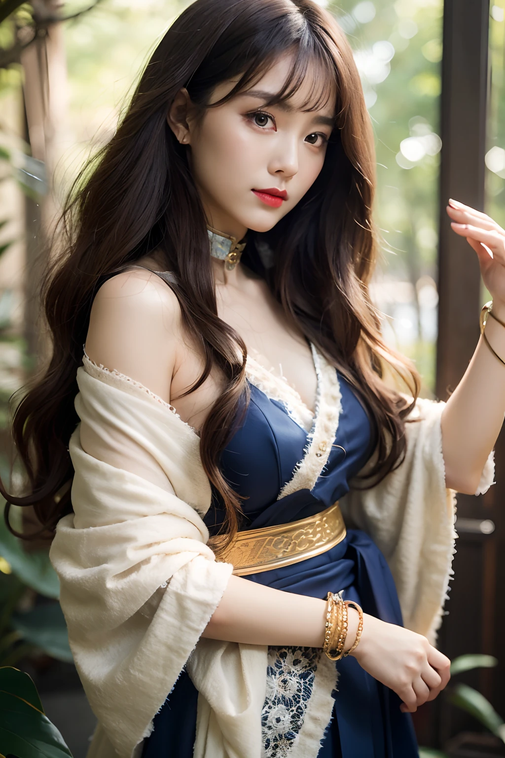 Works of masters,Higher quality,超高分辨率,8K分辨率,depth of fields,in a panoramic view,first person perspective,Vivid colors,s the perfect face,Girl,solo person,ssmile,Red lips,Big eyes,long whitr hair,A brown-haired,Wave head,Bracelet,Collar,bangle,Gorgeous Hanfu,frilld,lacing,Bare shoulders,fur shawl,Facing the viewer,eventide,Temple,Natural soft light