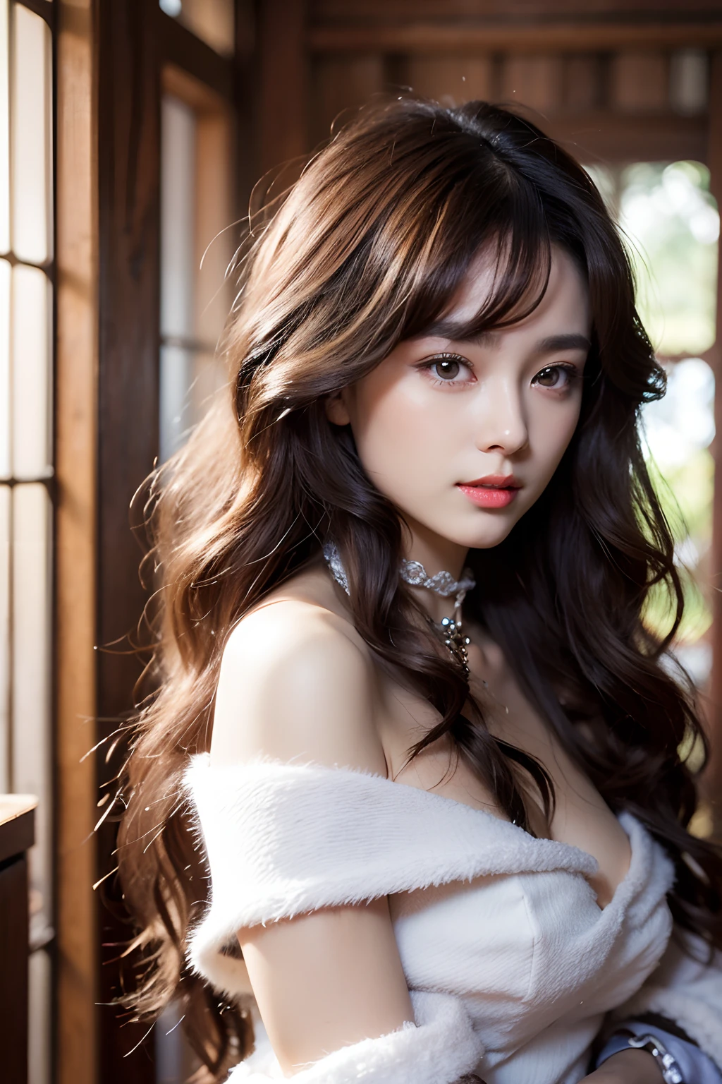 Works of masters,Higher quality,超高分辨率,8K分辨率,depth of fields,in a panoramic view,first person perspective,Vivid colors,s the perfect face,Girl,solo person,ssmile,Red lips,Big eyes,long whitr hair,A brown-haired,Wave head,Bracelet,Collar,bangle,Gorgeous Hanfu,frilld,lacing,Bare shoulders,fur shawl,Facing the viewer,eventide,Temple,Natural soft light