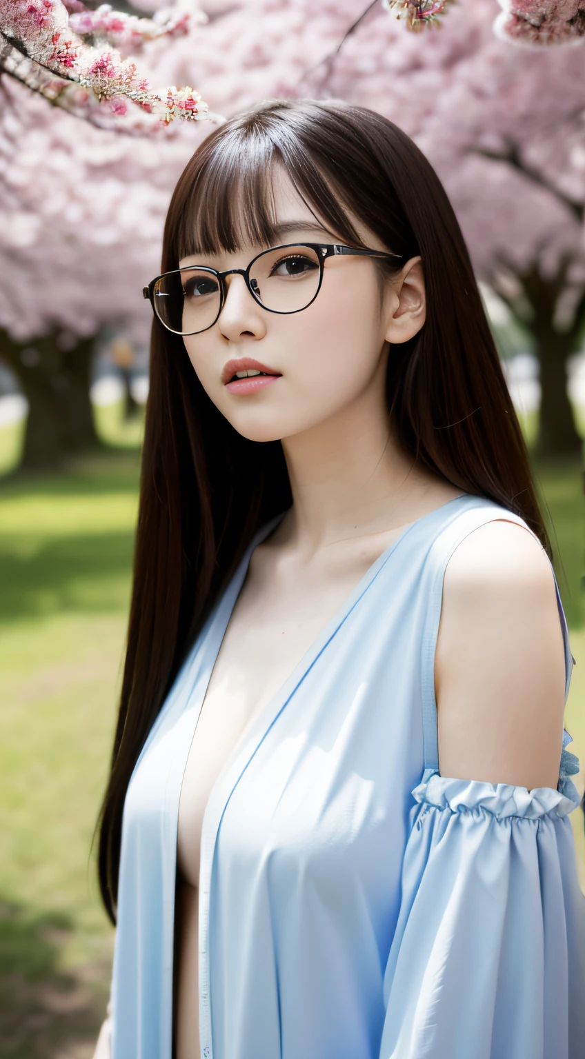 wears glasses、cherry trees、picnic、absolutely outstanding image, very extremely beautiful、​masterpiece, top-quality,a picture, kawaii、(Colossal tits:1.2)、,8K,Japan girl realistic young idol、Young cute gravure idol、Young Sensual Gravure Idol、Young gravure idols、model in Japan