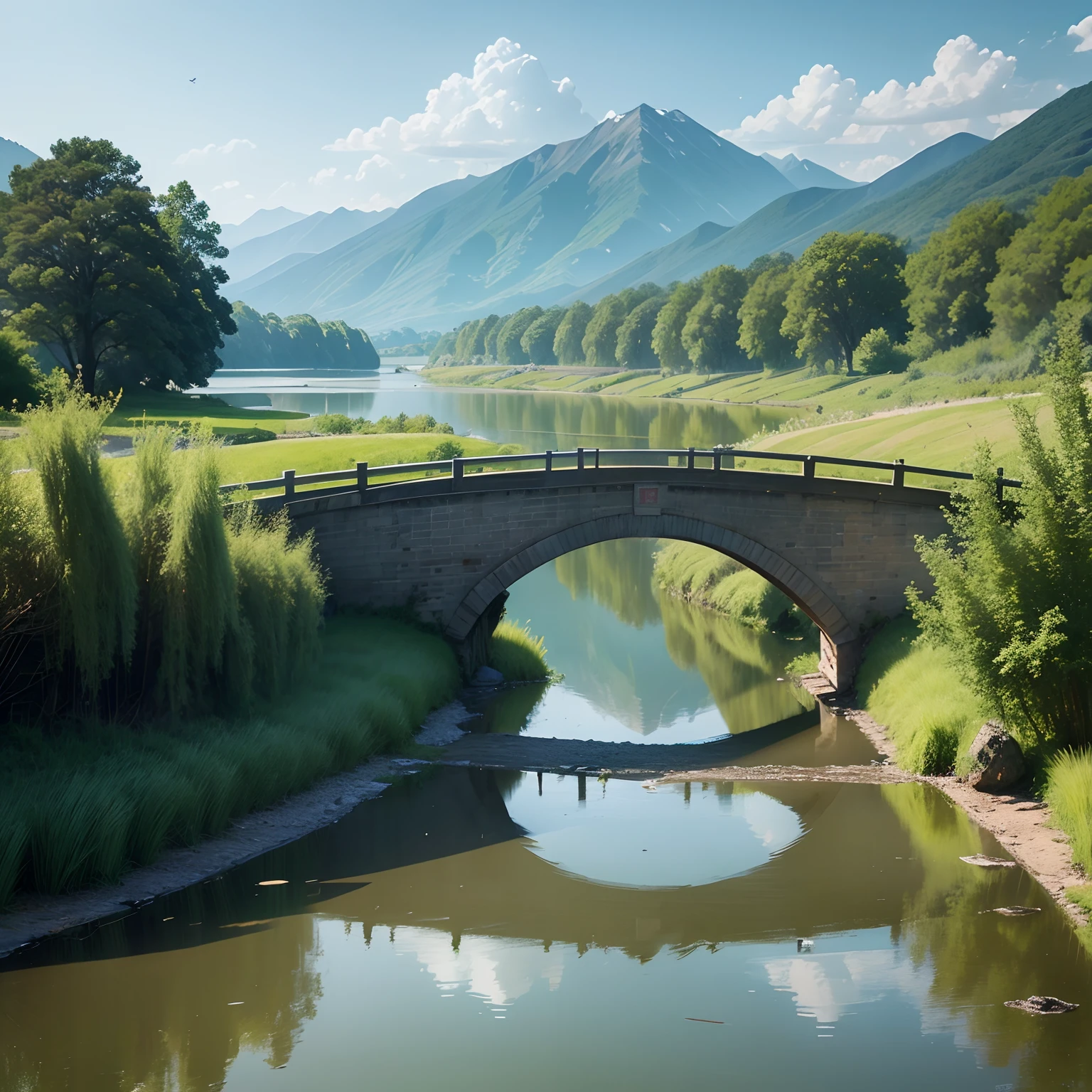 Land by the river，Weeping willows，The surface of the lake ripples，Green grass。small bridge flowing water，Winding paths，Swallow dance butterfly fly，Reflecting the distant mountains。