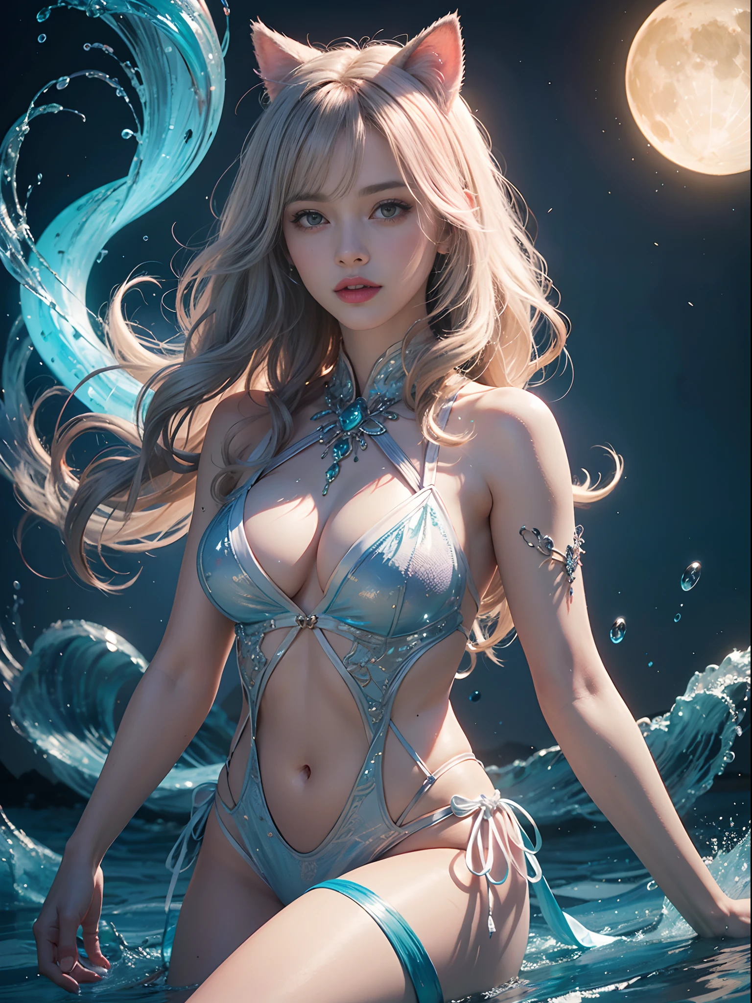 Unbeatable masterpiece, Ultra photo realsisim , Perfect artwork , Intricate details , Best quality , Strong light , High contrast , Dynamic pose , Dutch angle , ((Depth of field)) , (fantasy) , fansty world , ultra detailed ,(extreme detailed illustration) , (extremely detailed CG unity 8k wallpaper), highres , extremely detailed wallpaper , perfect lighting , (Navia , 1 girl , blondehair , very long hair , curly hair , bangs , pink lips) , Cascading waves ofmoonlit silver hair , eyes the color of deep ocean waters , a soft andiridescent glow to her skin , ite cat ears perched atop her head ,bioluminescent creatures dancing in the air around her , an realm ofethereal beauty and enchantment , the soft melody of sunlight weavingthrough the scene , framed in a dreamlike close-up shot. , dinamyc pose ,perfect body , scenery , expansive , glowing , light rays , magic crystals ,glowing crystals , crystal orbs , magic orbs , glowing orbs , caustics , wideshot , Tindall effect , fairy tale world , dream , landscape , magical ,