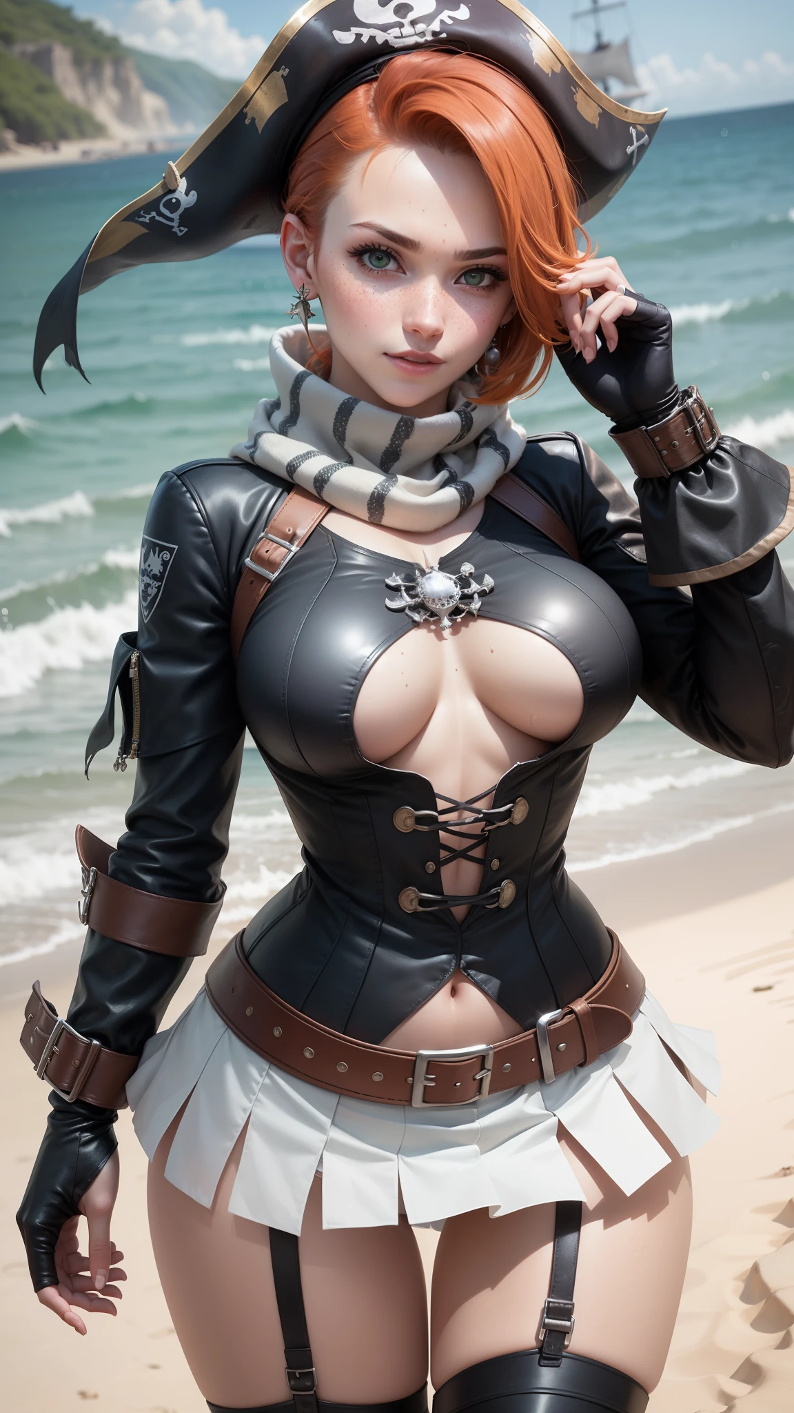 gwen tennyson,tracer,raven,yorha 2b, rebecca chambers,atelier ryza,pirate outfit,beach,ager,green eyes,thigh high boots,garter belt,shy smile,striped panties,short hair,orange hair,pirate ship,white striped top,tight gothic skirt,wet body,freckles,redhead,pirate corset,pirate jacket,beautiful girl,large breasts,ultra detailed,realistic,pearl earrings,long scarf,