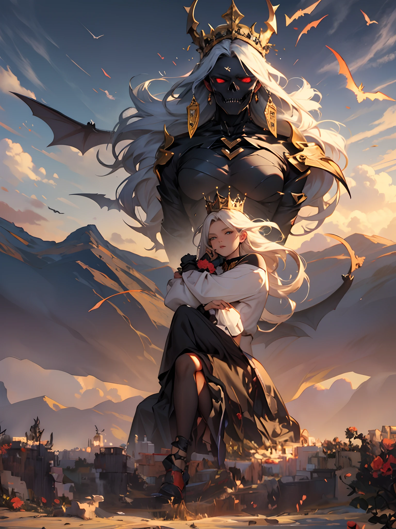 1 boy asian , 1 girl asian ,(An angel,Golden crown,White feathers),(A devil,Skeleton Crown,Black bat wings),Heaven and hell coexist,((Half blooming flowers,Half withered flowers)),Wings,Quantum entanglement,((Hyper-realistic)),Roulette of background fate,intricated,offcial art,masterpiece,high qulity,super-fine,16K resolution,