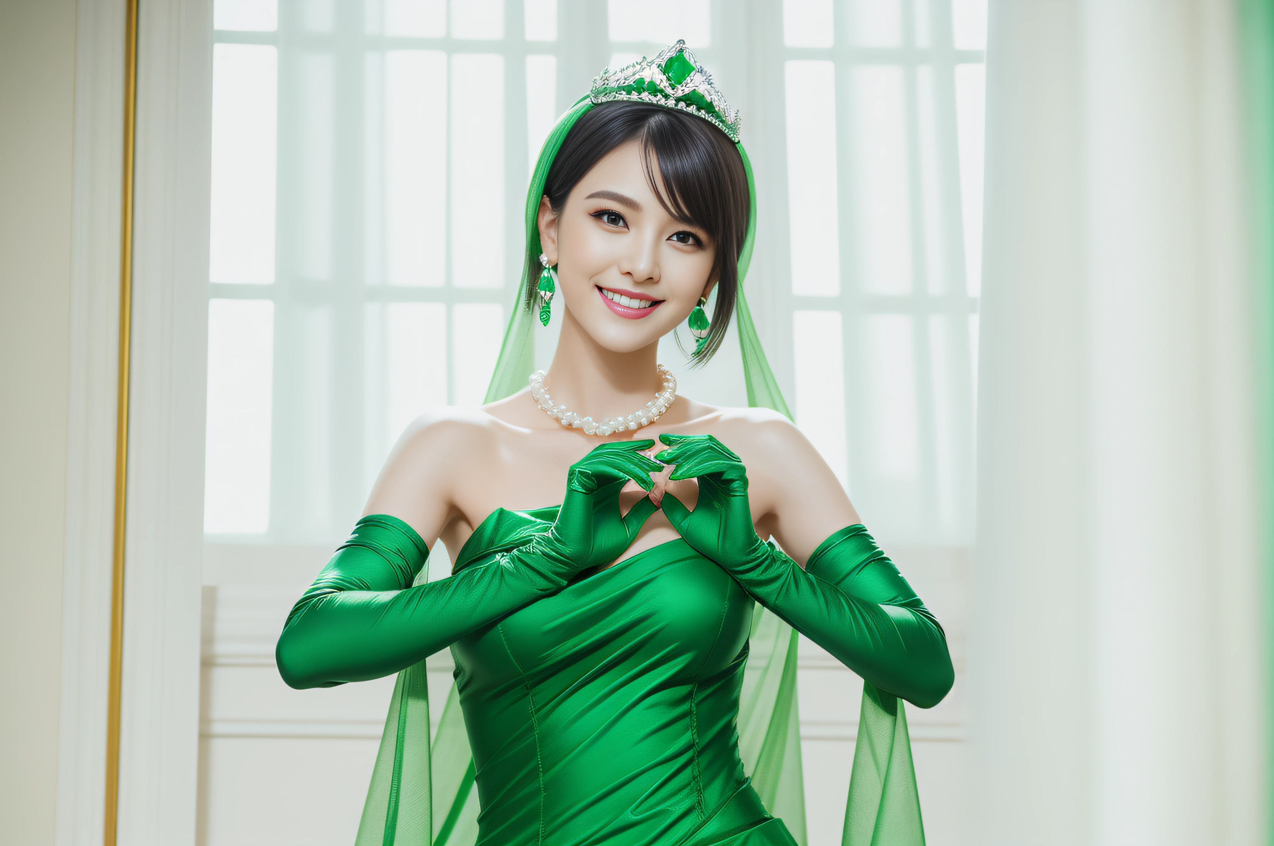emerald tiara, Green Pearl Necklace, Boyish very short black hair, lipsticks, Japan woman smiling, very short short hair, big breasts beautiful, Green eyes, Long green gloves made of satin material, Green eyes, Emerald Earrings, Green dress