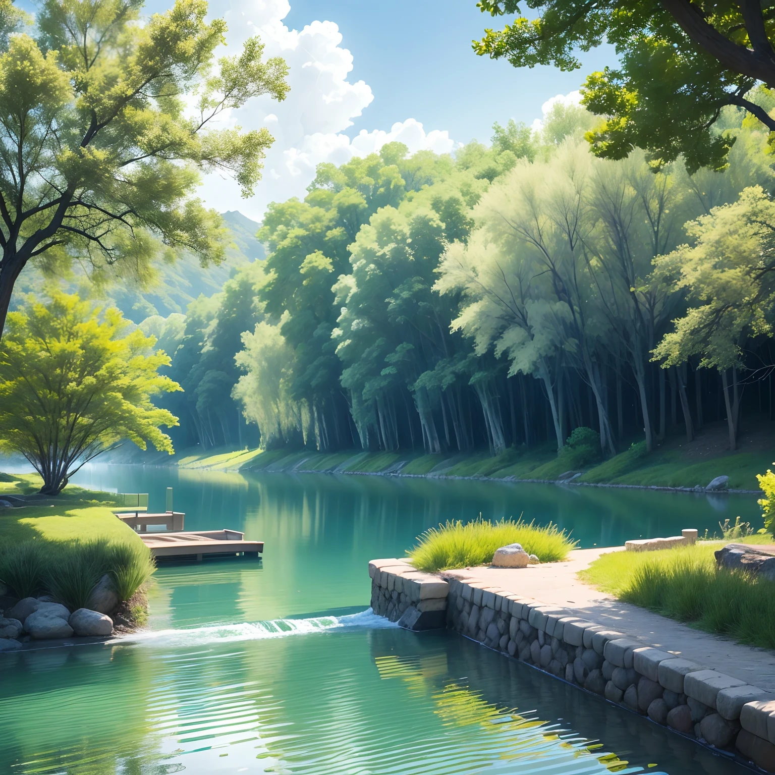 The view by the river is picturesque,Turquoise willow trees brush the water,the river is crystal clear,Fish swim around。sun shining through clouds,Sprinkle on the river,Sparkling。Occasionally,A small bird skimmed the water,Leave a string of water waves。