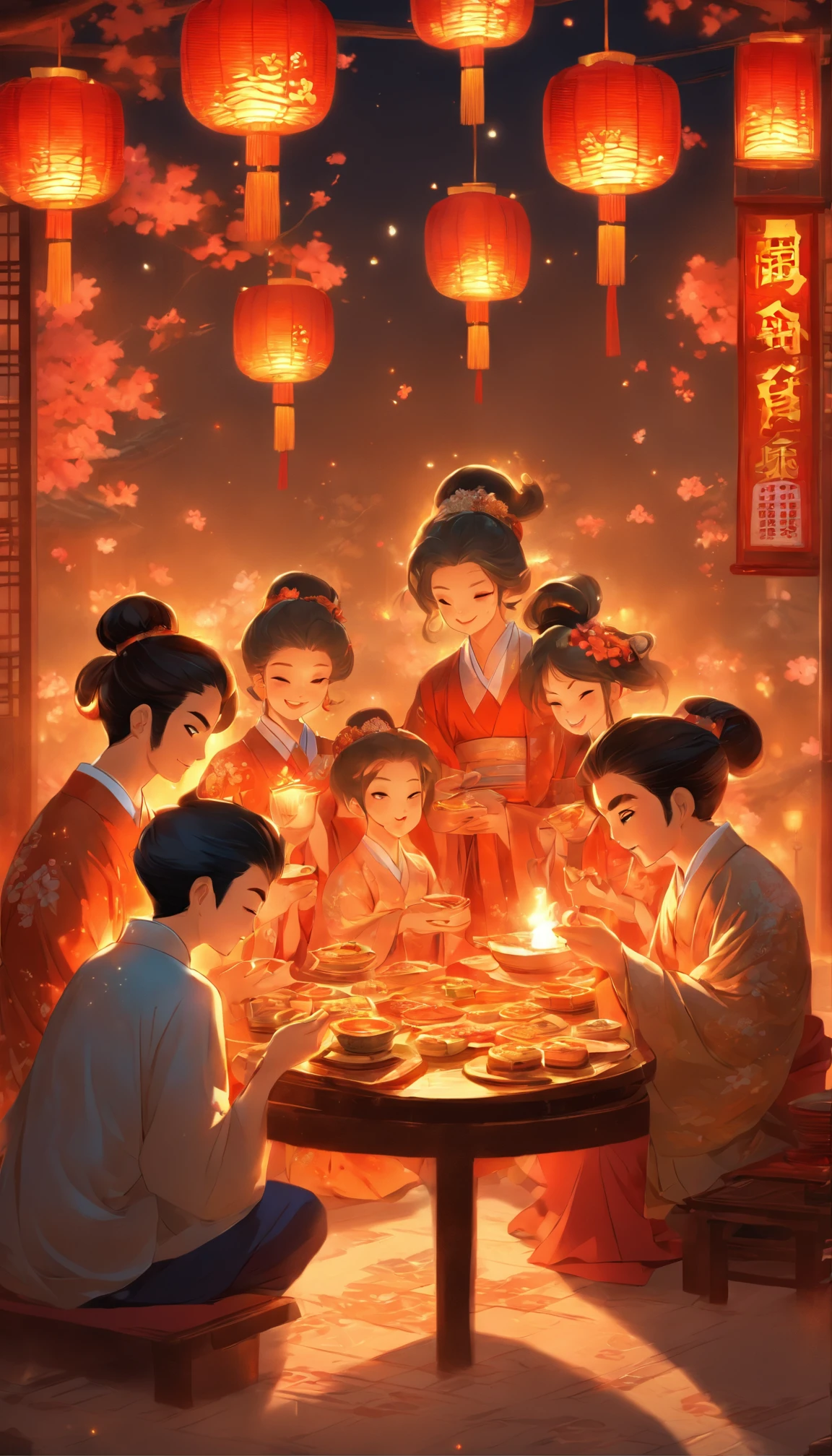 A family eats mooncakes，There are mooncakes on the table, Food in hand, tea drinking and paper lanterns, Bright moon,Chinese style painting, exciting illustration