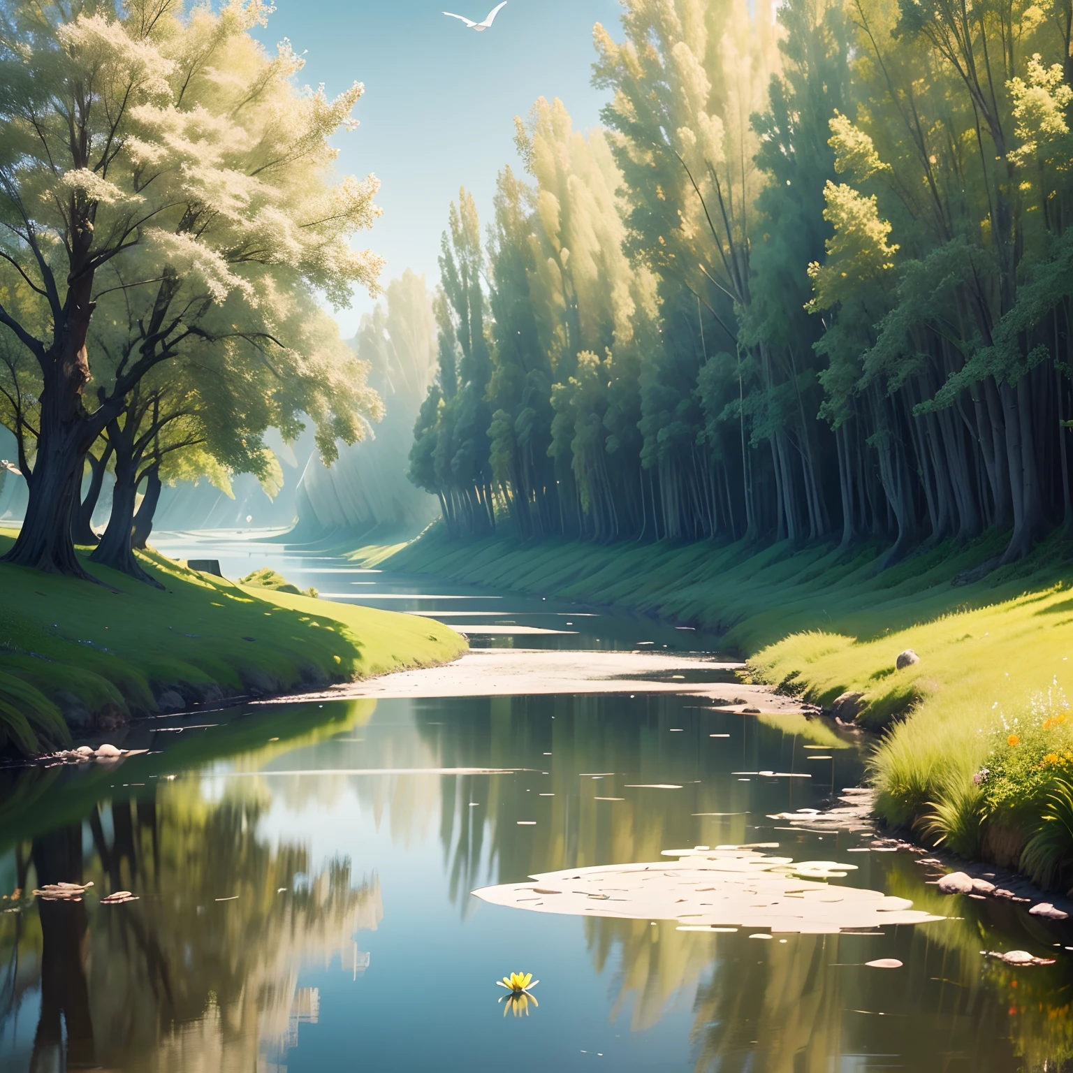 In the quiet early morning,Sunlight shines through the sparse clouds,Shining on the winding river。A gentle breeze blows,Blowing ripples on the surface of the river,It was as if countless silver pearls were jumping in the sun。The willow swayed gently,As if waving to a passing pedestrian,Their gentle branches hang down into the water,Picturesque。On the banks of the river,Wildflowers are like stars,Decorate this stunning landscape。Distance,Several egrets hover over the river,Their white figures stand out in the blue sky。River side,Occasionally there was the laughter of the washerwoman,It adds a bit of liveliness to this tranquil morning。