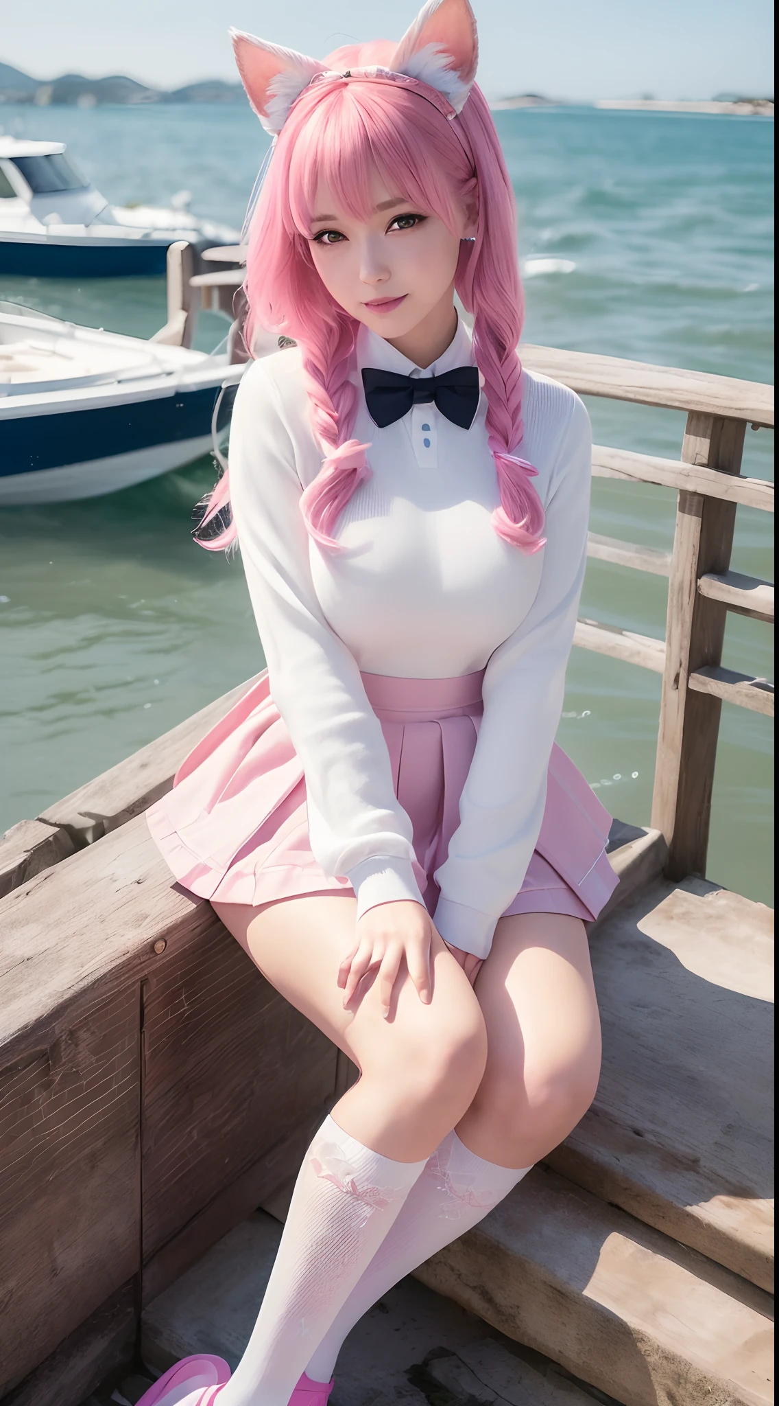 (Best quality,4K,8K,A high resolution,Masterpiece:1.2), Ultra-detailed,(Realistic,Photorealistic,photo-realistic:1.37), A woman with two tails, JK school uniform, White lace knee-length socks, Vibrant colors, Pink hair, Cat ears, Soft lighting, harbour, beach, Take a boat tour