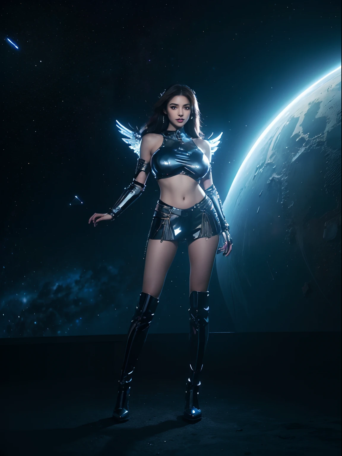 (masterpiece, top quality, best quality, official art, beautiful and aesthetic:1.2), (1girl:1.3), extremely long curly golden hair, extremely detailed, portrait, looking at viewer, solo, (full body:0.6), detailed background, close up, (cool science fiction space theme:1.1), extremely busty valkyrie, charlatan, mysterious, shooting lasers in space, cybernetic angel, huge feathered wings, chrome boob armor, dark purple streamers and skirts and sleeves and knee wrappings, cybernetic implants, mechanical hand, laser cannon, arm cannon, revealing chrome armor, bare midriff, glowing laser energy, crown, halo, intricate armor, ornate chrome armor, sheer white fabric, elegant purple fabric, skirts, streamers, cowl, boots, bracers, ((((gigantic breasts))), slim waist, slim hips, long legs, athletic, SPACE, futuristic moon, (space exterior:1.1) background, dark mysterious lighting, shadows, magical atmosphere, dutch angle