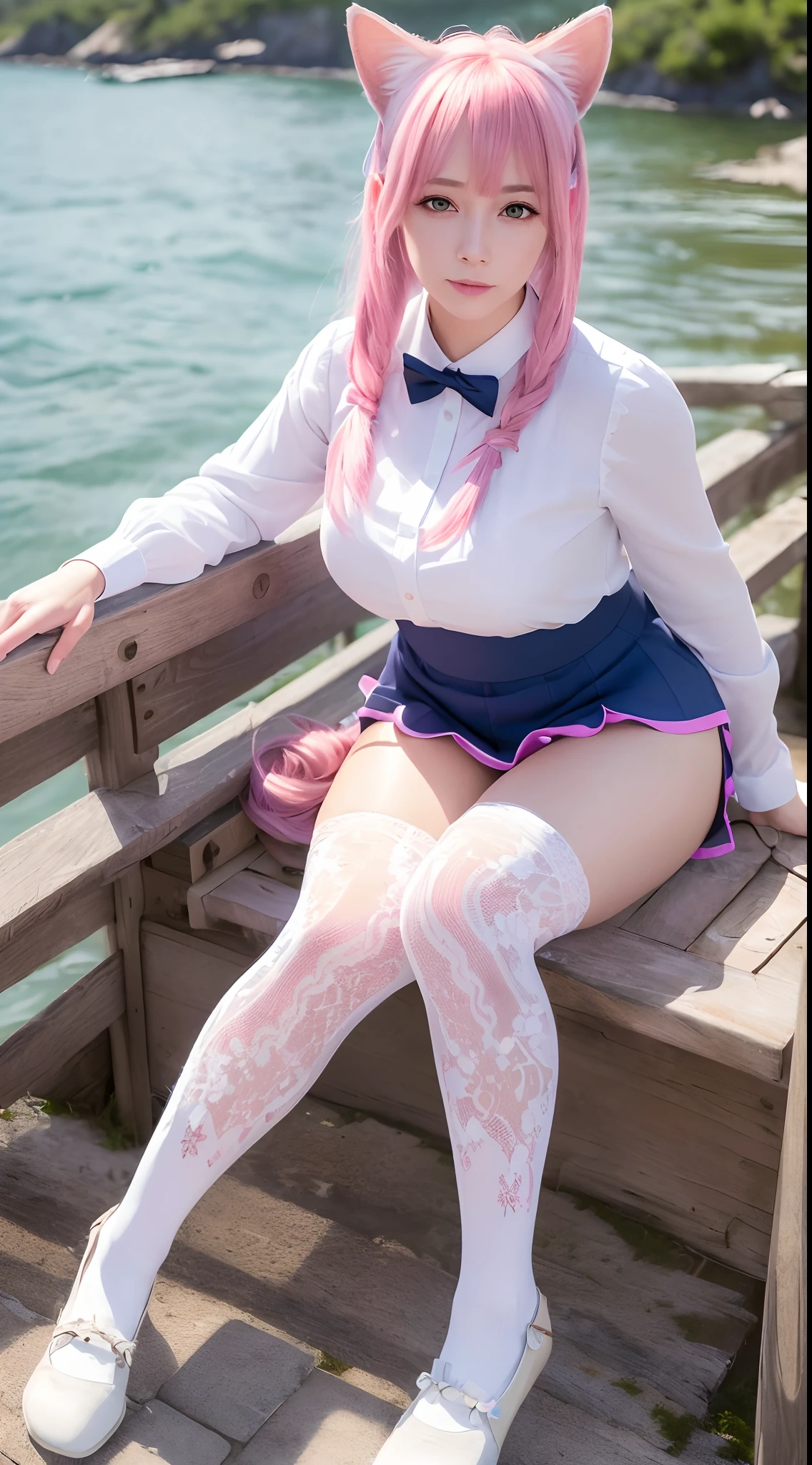 (Best quality,4K,8K,A high resolution,Masterpiece:1.2), Ultra-detailed,(Realistic,Photorealistic,photo-realistic:1.37), A woman with two tails, JK school uniform, White lace knee-length socks, Vibrant colors, Pink hair, Cat ears, Soft lighting, harbour, beach, Take a boat tour