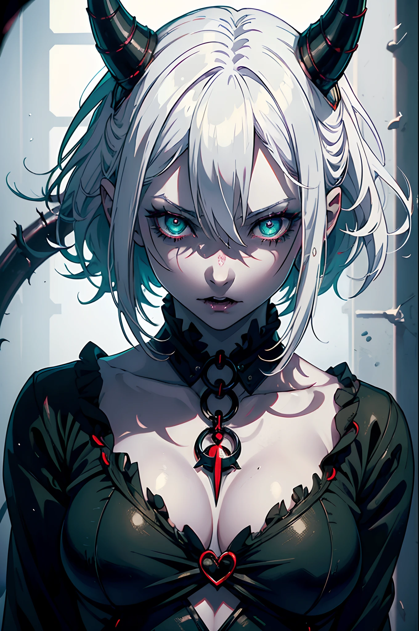 ((masterpiece, best quality)), (1girl, anime girl in dark prison),(mature, devil horn), (solo), (female focus), (white hair, messy hair),green eyes, ((vampire)), pale skin, evil, vicious, portraits, close up, upper body, vibrant colors, soft lighting