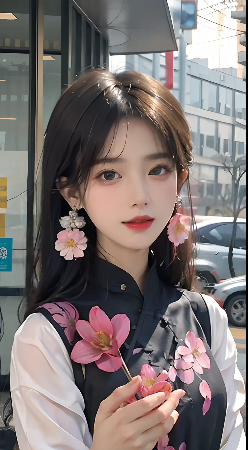 8K,Photorealsitic,(Masterpiece, Top quality, Best quality, offcial art, Beautiful and aesthetic:1.2), (a beautiful girl in vintage aodai:1.3), Extremely detailed,(Fractal art:1.1),(Colorful:1.1)(Flowers:1.3),highest details,(zentangle:1.2), (Dynamic pose), street, Cyberpunk, (vietnam Traditional aodai:1.2), (Shiny skin), (many color:1.4), ,(Earrings:1.4),