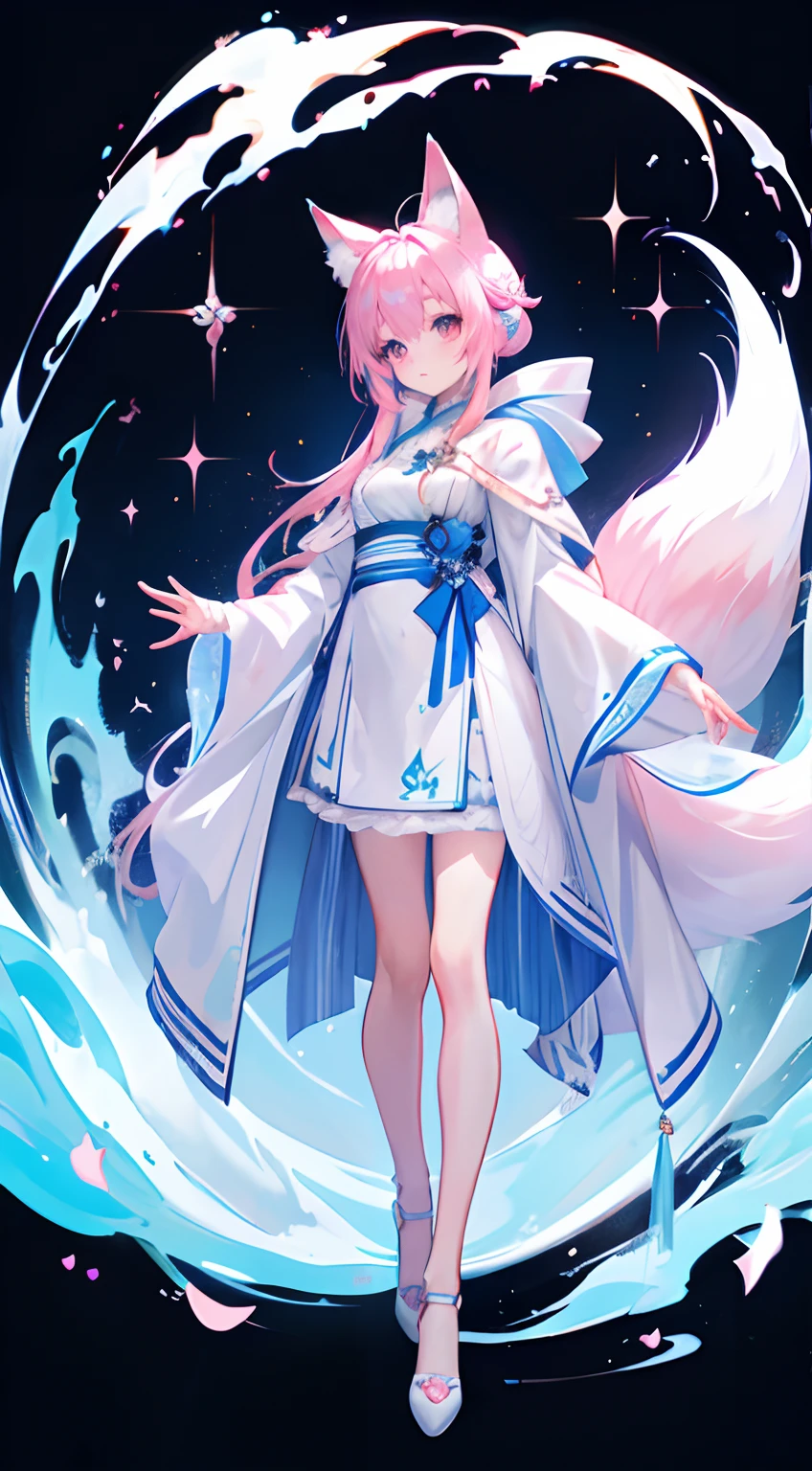 Fox royal sister,fox ear,Blue fox with big tail,A pink-haired,The big white fox on the back,long blue robes,Long heels,stand posture,folding fan,Blue frieze ,Full body standing painting