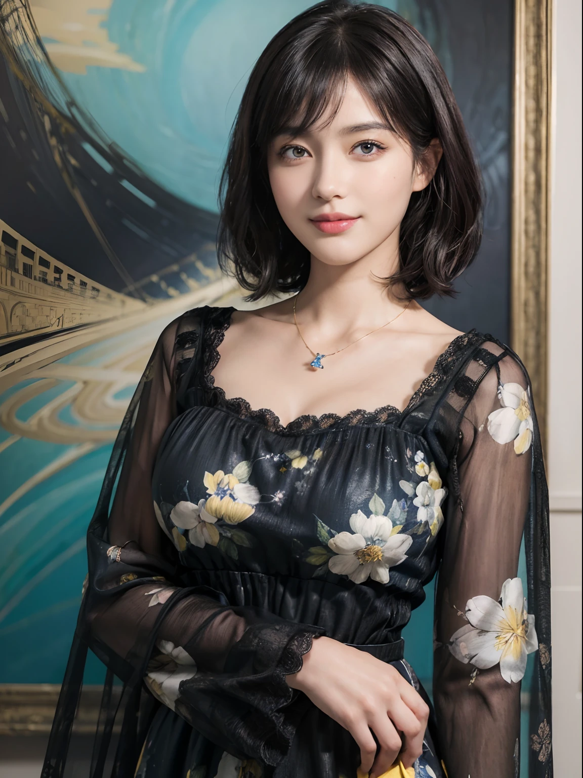 (((Black Shorthair))), (Louvre Museum), Pose Seductive, (A hyper-realistic), (Illustration), (Increased resolution), (8KUHD), (Extremely detailed), (Best Illustration), (Beautiful and detailed eyes), (Best Quality), (ultra-detailliert), (masutepiece ), ( Wallpaper), (Detailed face), Solo, (One woman dressed in blue and yellow), (Floral clothing), (Breast bulge), Fine details, Detailed face, Deep Shadows, lowkey, Smiling, (Stand in front of an abstract painting), Wearing a necklace