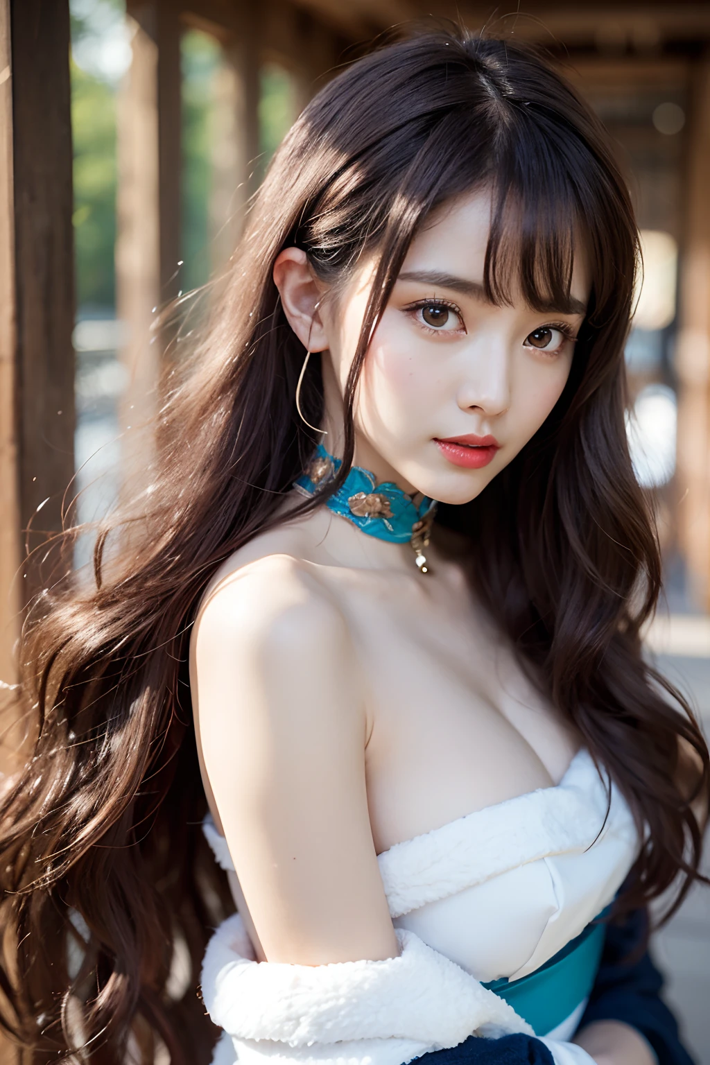 Works of masters,Higher quality,超高分辨率,8K分辨率,depth of fields,in a panoramic view,first person perspective,Vivid colors,s the perfect face,Girl,solo person,ssmile,Red lips,Big eyes,long whitr hair,A brown-haired,Wave head,Bracelet,Collar,bangle,Gorgeous Hanfu,frilld,lacing,Bare shoulders,fur shawl,Facing the viewer,eventide,Temple,Natural soft light