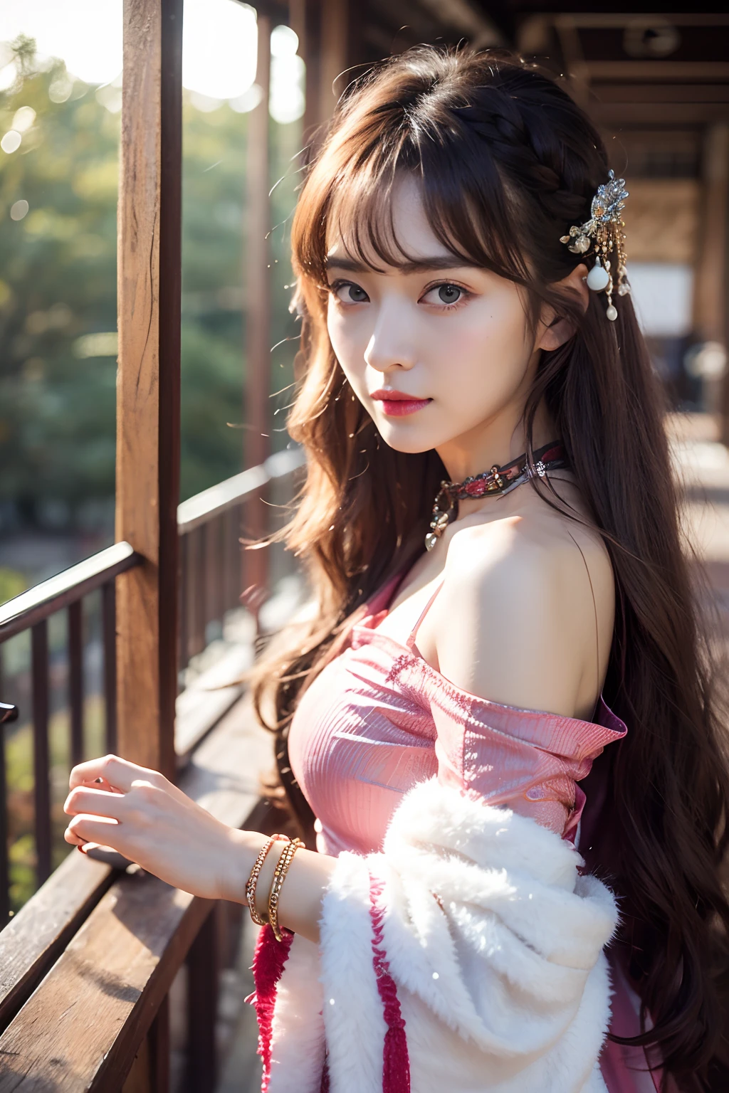 Works of masters,Higher quality,超高分辨率,8K分辨率,depth of fields,in a panoramic view,first person perspective,Vivid colors,s the perfect face,Girl,solo person,ssmile,Red lips,Big eyes,long whitr hair,A brown-haired,Wave head,Bracelet,Collar,bangle,Gorgeous Hanfu,frilld,lacing,Bare shoulders,fur shawl,Facing the viewer,eventide,Temple,Natural soft light