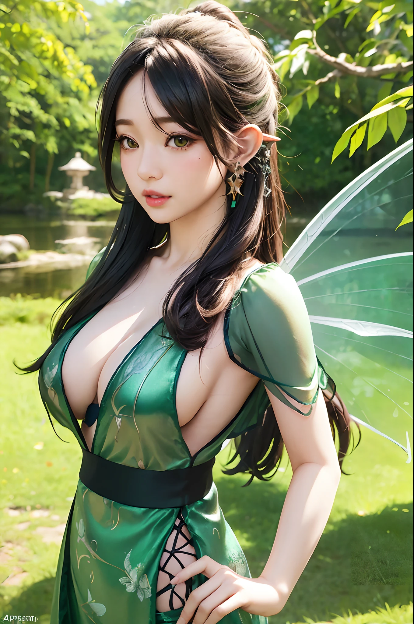 upper body,masterpiece, best quality,(photorealistic:1.4), highres, long hair, jewelry hairpin, large breast, riverside and rock or temple or bridge,
hanstyle, han clothing, hanfu, see-through, Anime girl in green and black costume on wings and green background, pixie character, fairy, forest fairy, insect trainer girl, brunette elf with fairy wings, pixie, cute 3d anime girl rendering, April rendering, fairy dance, open legs