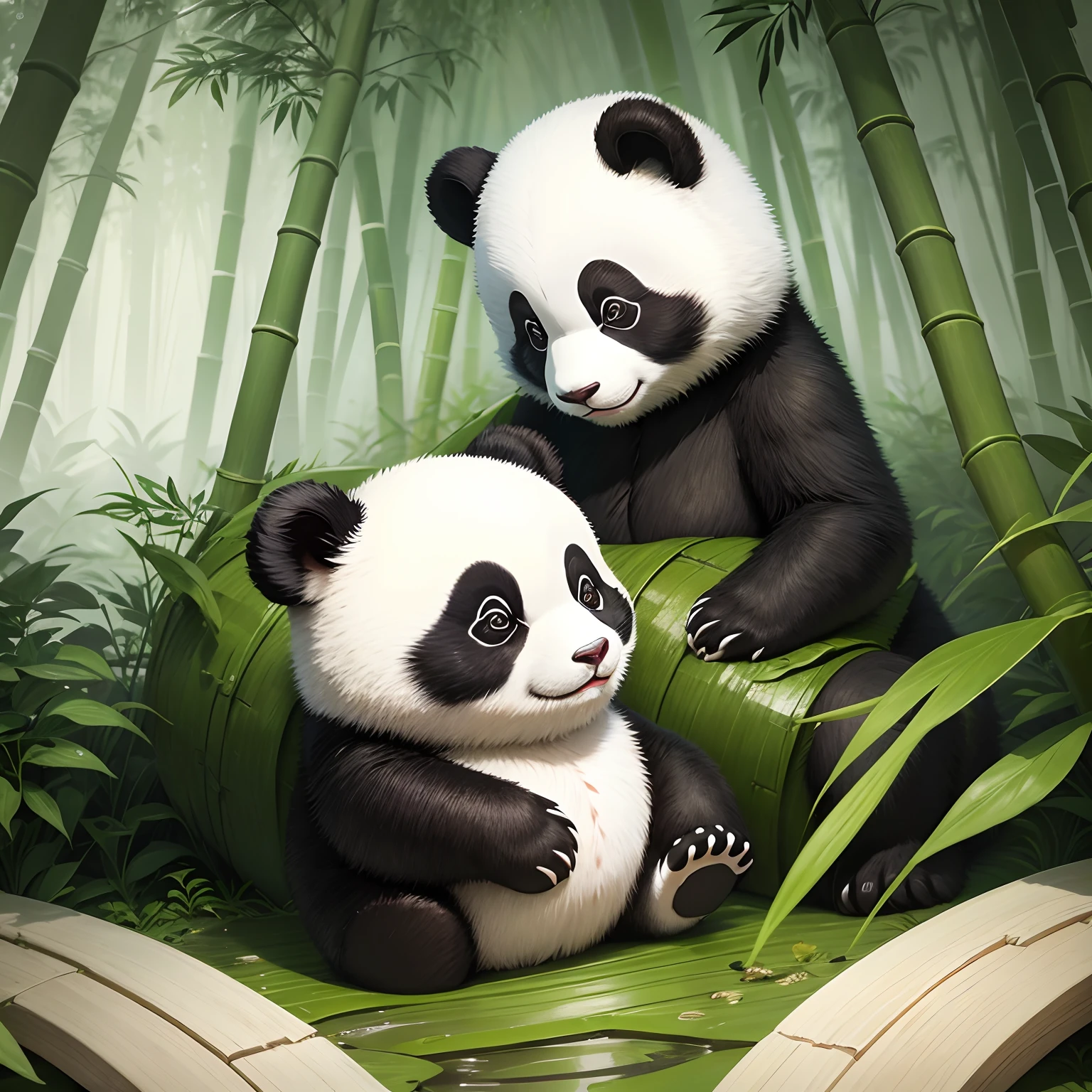 The panda is cute,The black and white coat colors reflect their cute image。They lie leisurely in the bamboo forest,Enjoy the beauty of nature。Bamboo leaves surround them like a green sea,The fresh air and harmonious ecological environment form a beautiful picture。
