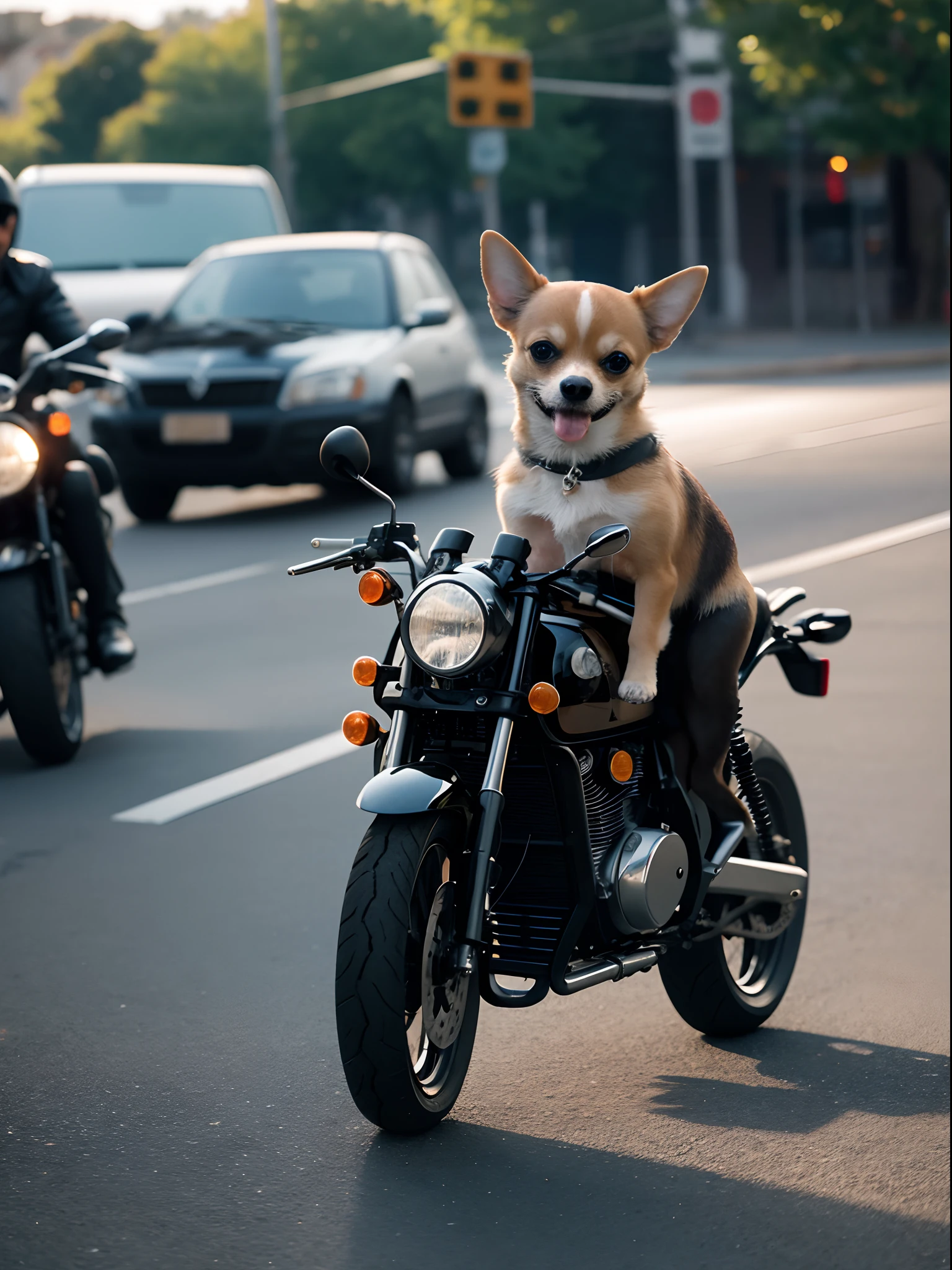 Chihuahua, Dog on motorcycle,  A high resolution, Masterpiece, 8K, 4K, (Realistic photo), (Photorealistic), Bokeh,
