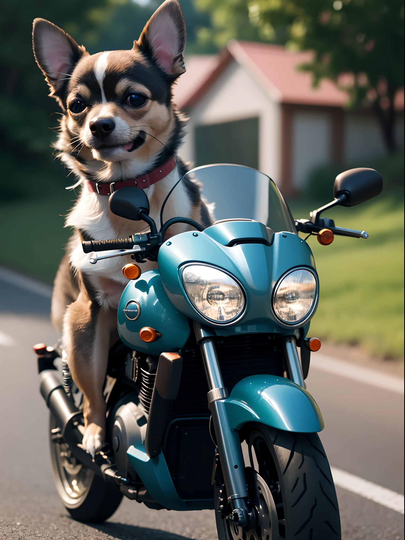 Chihuahua, Dog on motorcycle, A high resolution, Masterpiece, 8K, 4K, (Realistic photo), (Photorealistic), Bokeh,
