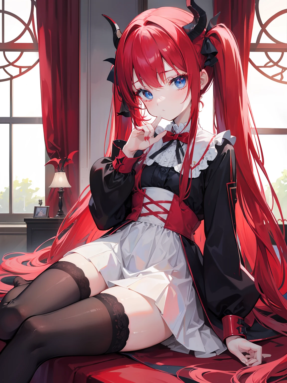 Red hair,Blue eyes,Twintails, Long hair, Solo, Loli, Black stockings,{{Best quality}}, {{Masterpiece}}, {{Ultra-detailed}}, {illustration}, {Detailed light}, {An extremely delicate and beautiful},Little girl,Cute,Succubus, demon,Horns