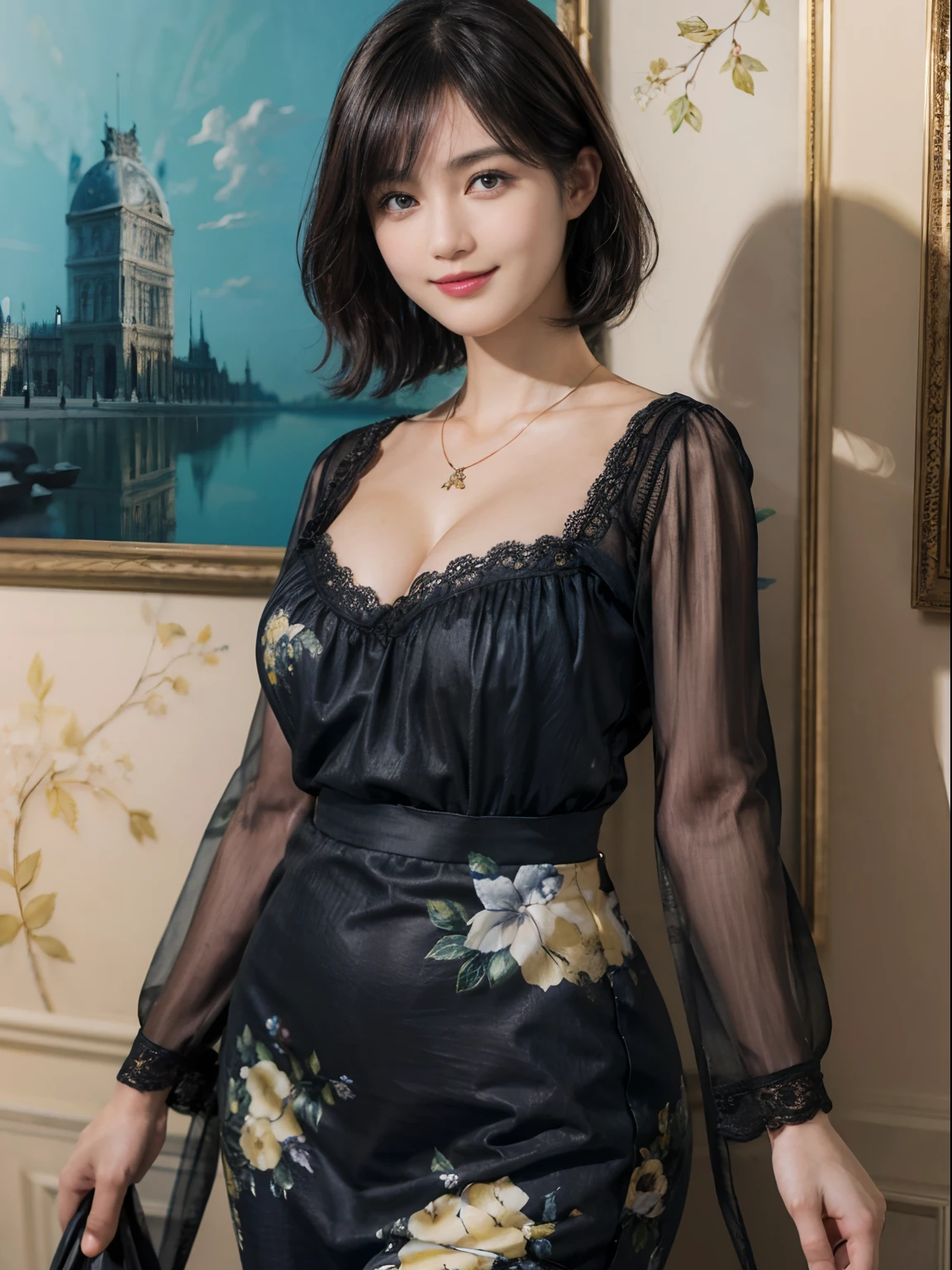 (((Black Shorthair))), (Louvre Museum), Pose Seductive, (A hyper-realistic), (Illustration), (Increased resolution), (8KUHD), (Extremely detailed), (Best Illustration), (Beautiful and detailed eyes), (Best Quality), (ultra-detailliert), (masutepiece ), ( Wallpaper), (Detailed face), Solo, (One woman dressed in blue and yellow), (Floral clothing), (Breast bulge), Fine details, Detailed face, Deep Shadows, lowkey,  Smiling,  (Stand in front of an abstract painting), Wearing a necklace