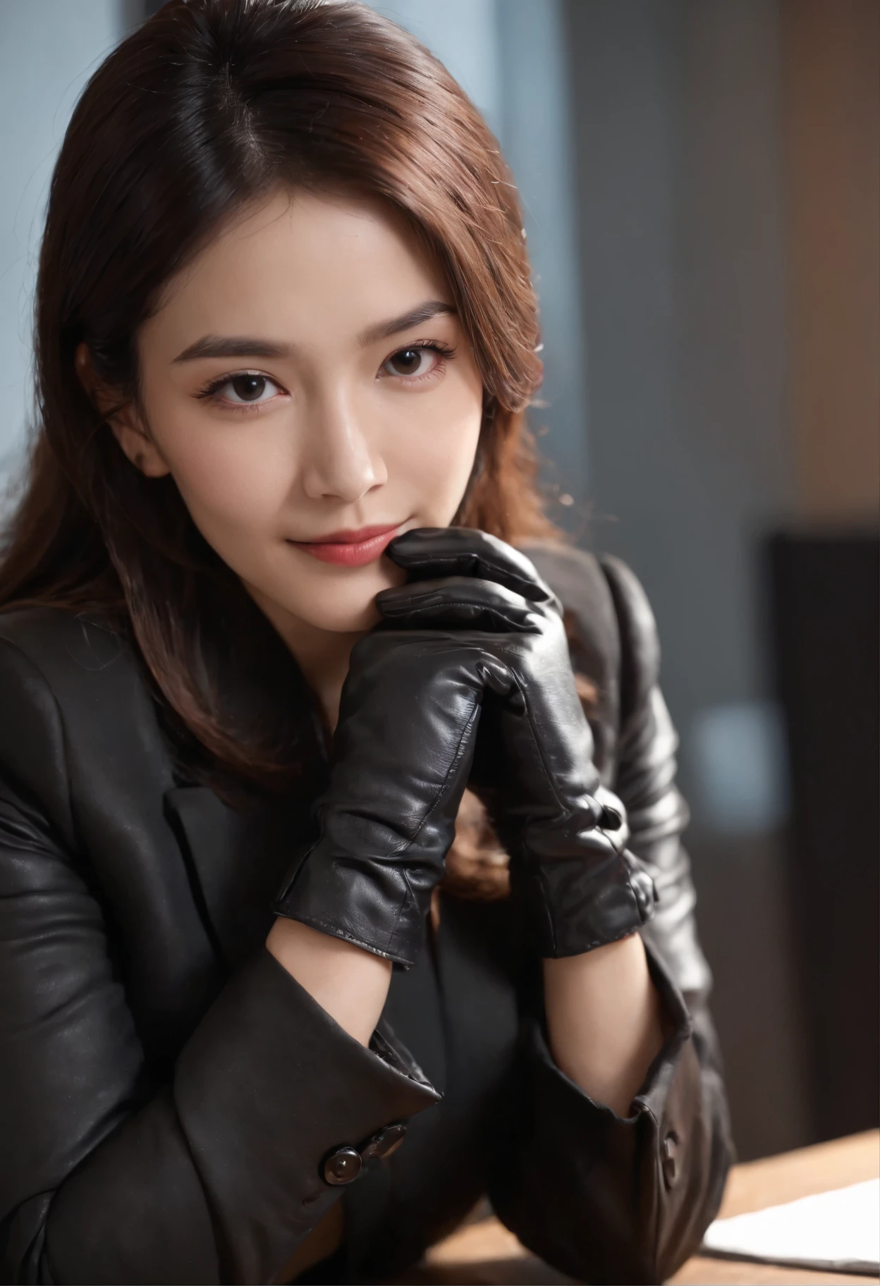 Wearing black leather gloves on both hands, Upper body, Black business suit, Facing the desk in my room with a computer in the dark, Look down and smile, Use a fountain pen to write a letter, Black hair was tied back for a long time, Still young and very cute Japan female new employee (Black leather gloves cover both hands)Working with both hands in black leather gloves