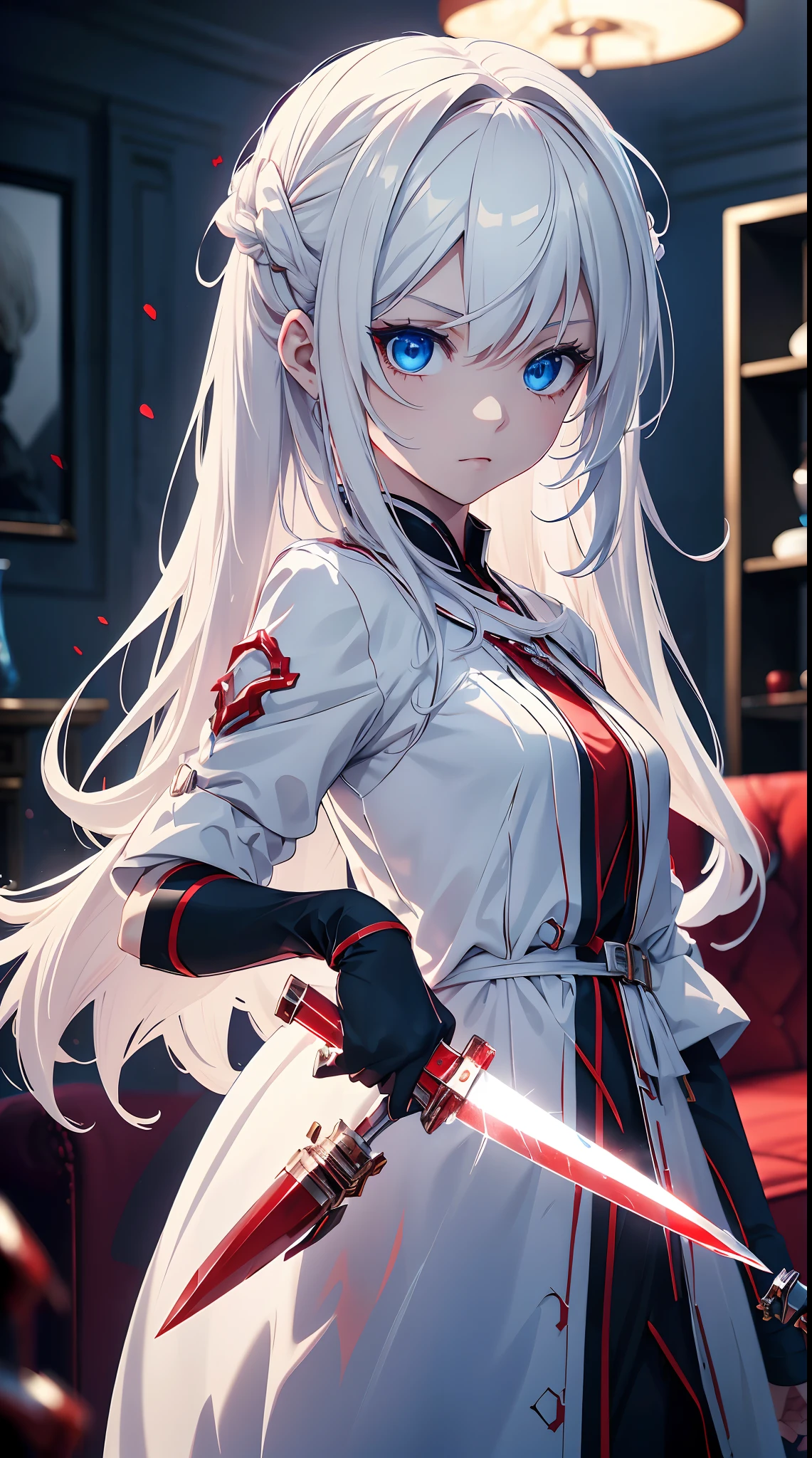Gril, loli,white hair, blue eyes,Holding a knife, red liquid and red blood, living room background.HD lighting and dark )(epic image quality)(many effects in background)