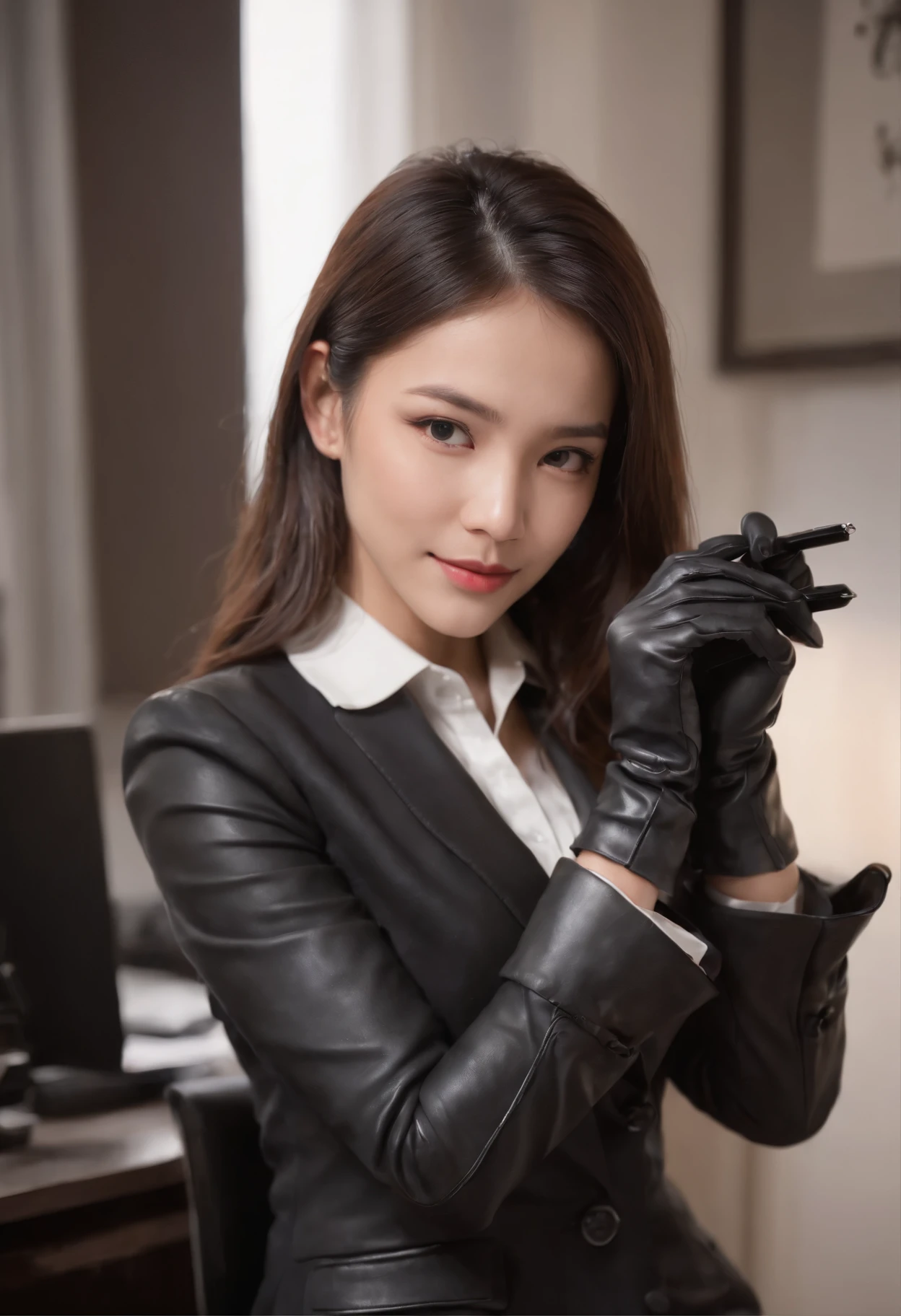 Wearing black leather gloves on both hands, Upper body, Black business suit, Facing the desk in my room with a computer in the dark, Look down and smile, Use a fountain pen to write a letter, Black hair was tied back for a long time, Still young and very cute Japan female new employee (Black leather gloves cover both hands)Working with both hands in black leather gloves