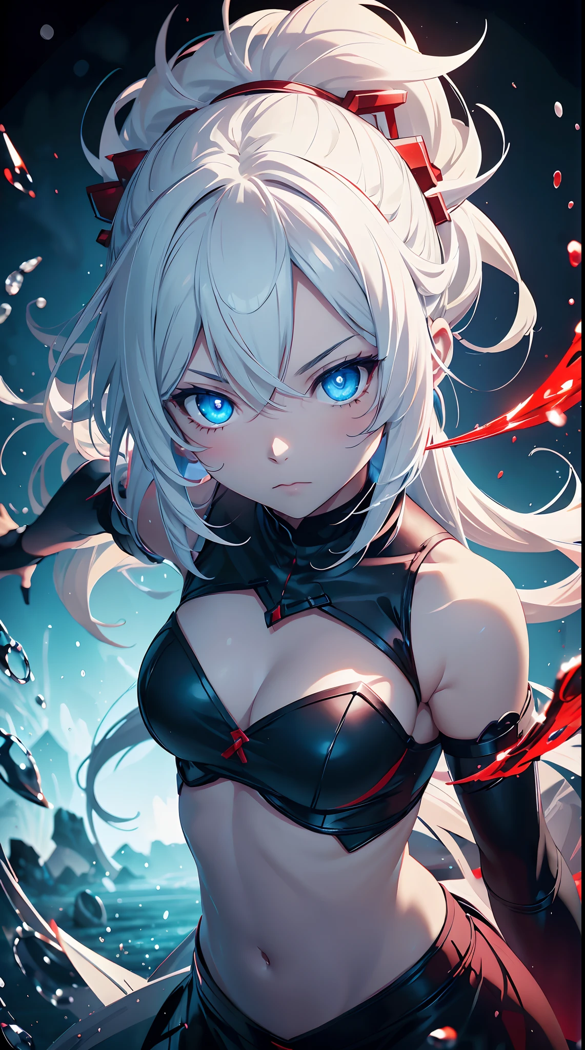 Gril, li,white hair, blue eyes,Holding a knife, red liquid and red blood, living room background.HD lighting and dark )(epic image quality)(many effects in background)