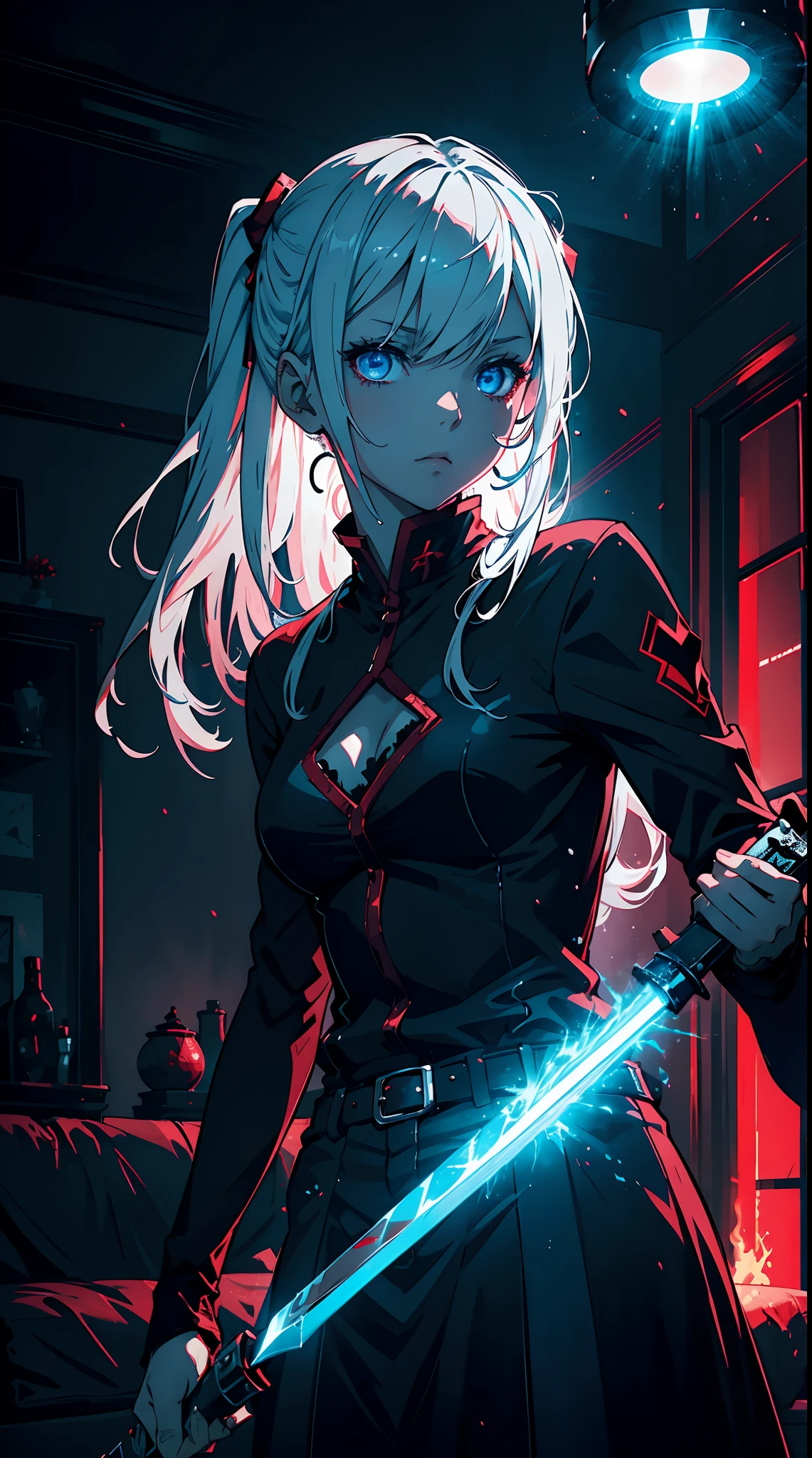 Gril, li,white hair, blue eyes,Holding a knife, red liquid and red blood, living room background.HD lighting and dark )(epic image quality) dark atmosphere with bright particle light(many effects in background)