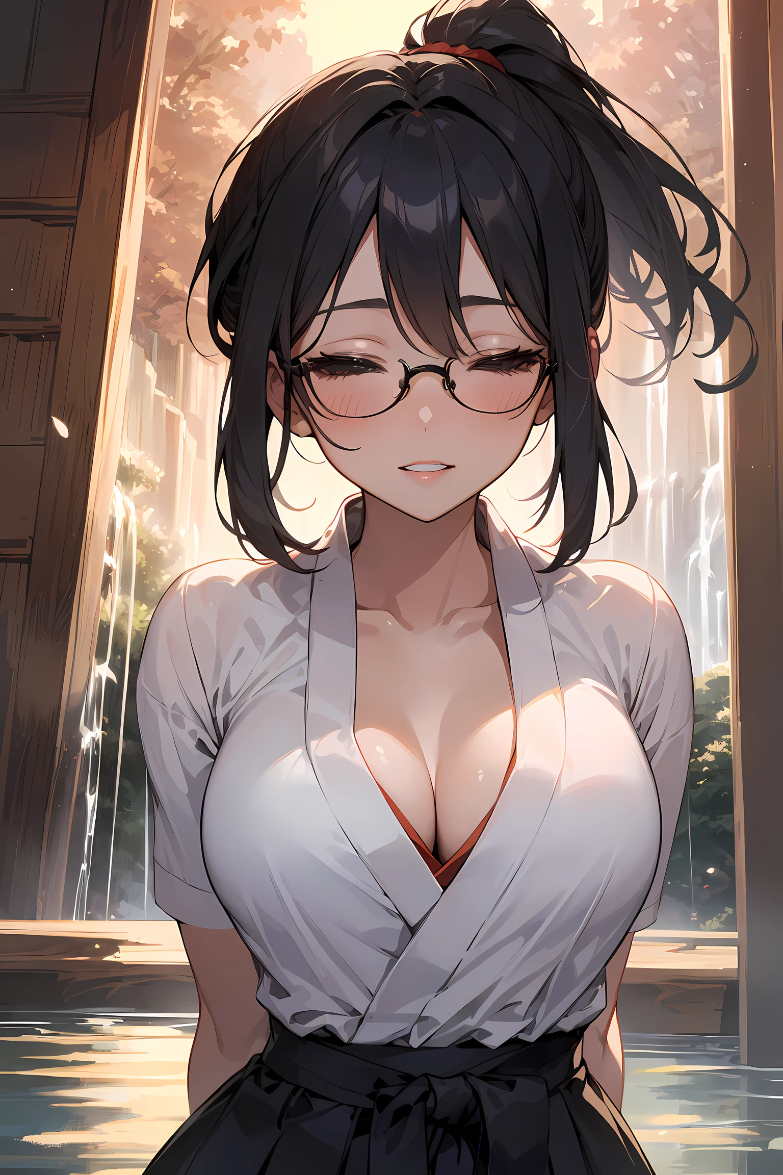 high resolution, Photo of a beautiful woman detailed_face, young handsome girl,realistic:0.5, perfect skin, (wearing a glasses:1.5), from behind:1.5, (ultra-detailed background, detailed background), bokeh, make happy expressions, happy emotion, gorgeous,pure, beautyfull detailed face and eyes,breasts, (black eyes:1.1), (a extremely pretty and beautiful Japanese woman), (sexy girl), (professional attire:1.3), (22 years old: 1.1), BREAK, (lovely outfit:1.2), (detailed miko outfit:1.2), (white dogi:1.2), (red hakama:1.2))), cleavage, beautiful detailed skin, (cute:1.2), (black hair), ((jpop idol)), (upper thigh:0.6), (depth of field),soft light, Lens Glow looking at viewer, (Drooping eyes:1.2), straight teeth,smile, floating hair, (black hair:1.2), brown eyes BREAK movie scene, cinematic, full colors, 4k, 8k, 16k, RAW photo, masterpiece, professionally color graded, professional photography, high school girl, hair up, , soft clean focus, realistic lighting and shading, (an extremely delicate and beautiful art)1.3, elegant,active angle,dynamism pose BREAK (ponytail:1.3), (shiny-black thin hair:1.2), bangs, dark brown eyes, beautiful eyes, princess eyes, (big eyes:1.3), bangs, wearing a glasses:1.3, Hair between eyes, short hair:1.3, (slender:1.1), (medium-breasts:0.95), (thin waist: 1.15), (detailed beautiful girl: 1.4), Parted lips, Red lips, full-make-up face, (shiny skin), ((Perfect Female Body)), (upper body image:1.3), Perfect Anatomy, Perfect Proportions, (most beautiful Korean actress face:1.3, extremely cute and beautiful Japanese actress face:1.3), ,(1glasses girl:1.3, solo), ,(blush:1.1), gray background, solo focus, (bust shot:1.2), cinematic light, (nostalgic night scene:1.4), (waterfall:1.4), (moon light:1.3), (arms down:1.4), (looking at viewer:1.2), (in water, under waterfall:1.3, closed eyes:1.3),