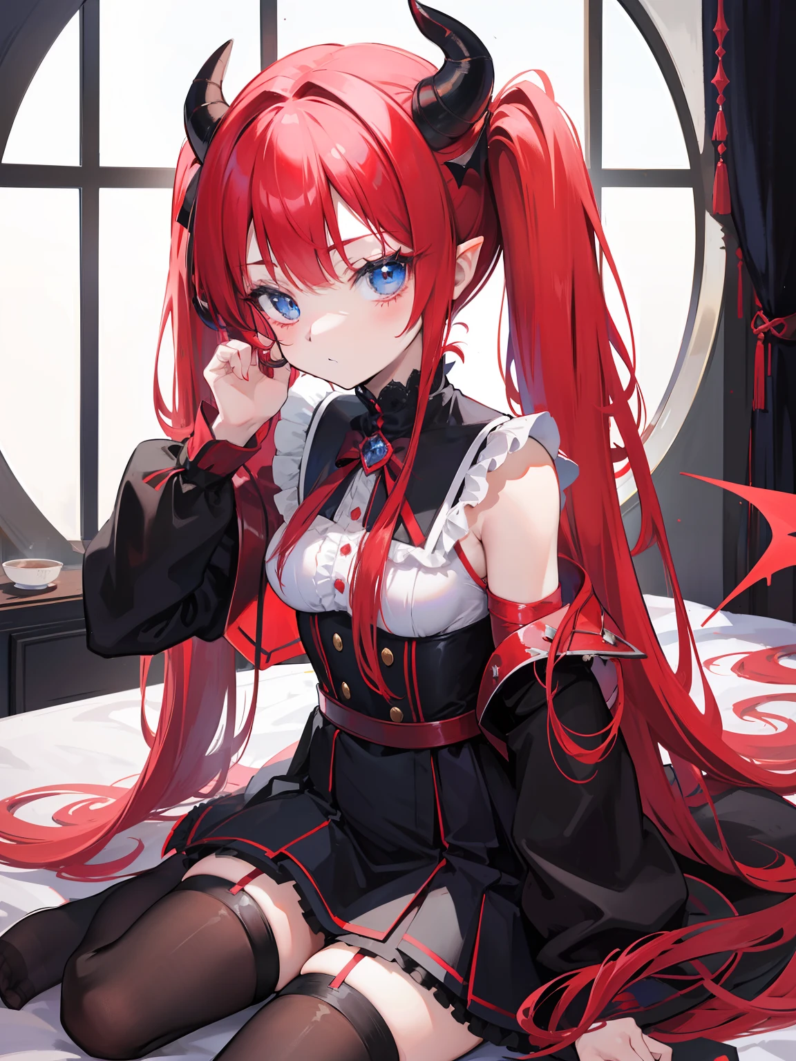 Red hair,Blue eyes,Twintails, Long hair, Solo, Loli, Black stockings,{{Best quality}}, {{Masterpiece}}, {{Ultra-detailed}}, {illustration}, {Detailed light}, {An extremely delicate and beautiful},,Cute,Succubus, demon,Horns