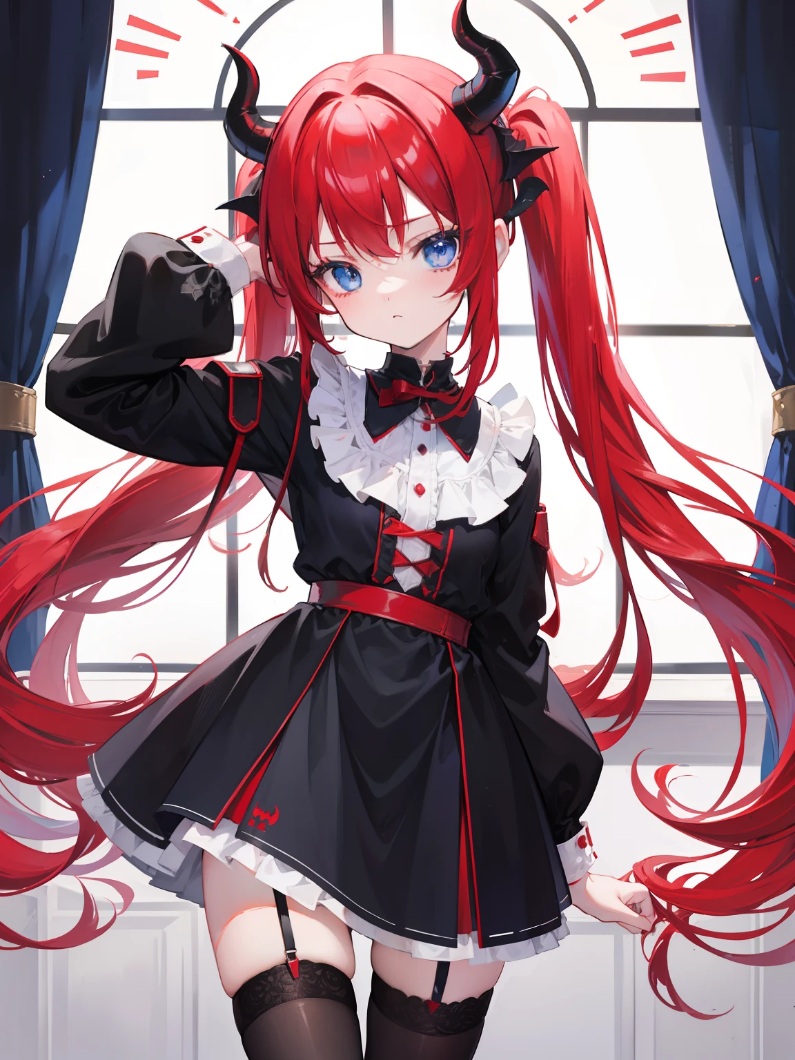 Red hair,Blue eyes,Twintails, Long hair, Solo, Loli, Black stockings,{{Best quality}}, {{Masterpiece}}, {{Ultra-detailed}}, {illustration}, {Detailed light}, {An extremely delicate and beautiful},,Cute,Succubus, demon,Horns