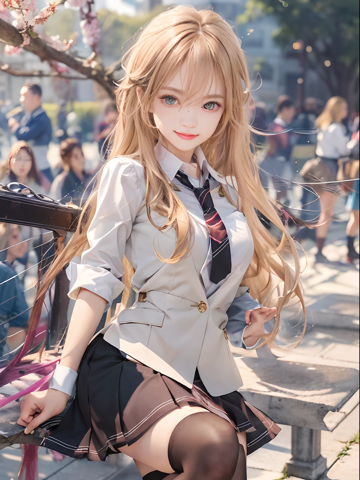 tmasterpiece,Best quality at best,1girll,Young girls,with brown eye,long whitr hair,evilsmile,shiny skins,(nice leg line:1.3),Big breasts Thin waist,
break
school uniform,tiese,(pencil skirts)),flats
break
park,crowd of,depth of fields,looking at viewert,blackstockings