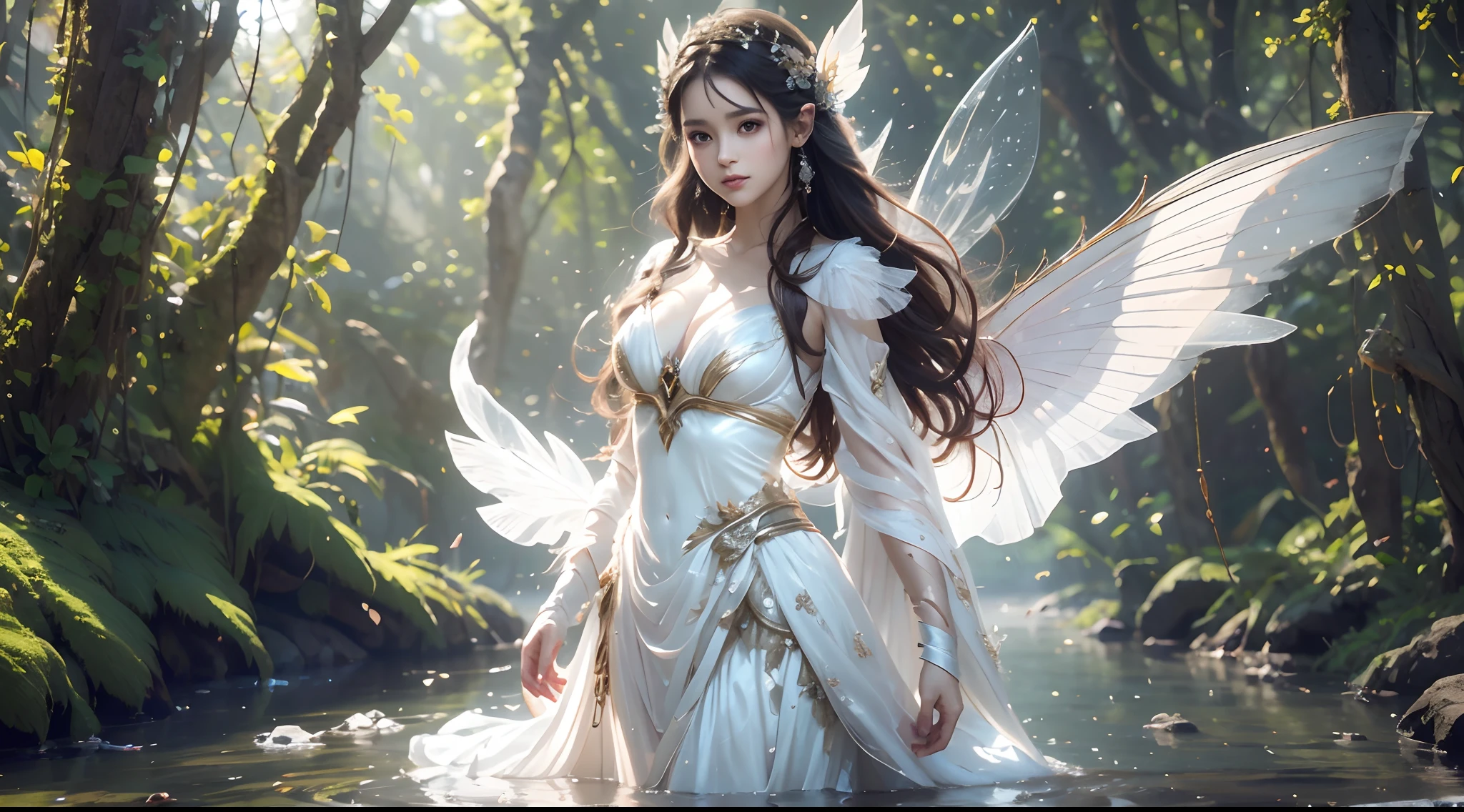 araffe fairy in a white dress walking through a stream, digital art inspired by WLOP, cgsociety contest winner, fantasy art, beautiful fairy, beautiful adult fairy, ethereal wings, a stunning young ethereal figure, portrait of a fairy, brunette elf with fairy wings, portrait of fairy, big white glowing wings, astral fairy, beautiful adult book fairy, ethereal beauty
