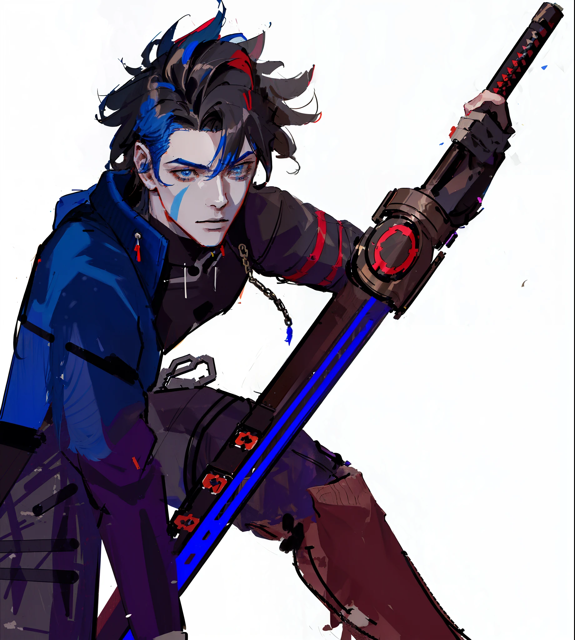Un primer plano de una persona sosteniendo una espada con una espada en la mano, con espada grande, Image of a futuristic-looking man with a dark brown mohawk mullet hairstyle, chico guapo, Yuu Shirota, Retrato, realistic artistic style, Arte del personaje masculino humano, cyberpunk hero, Retrato detallado del personaje, Personaje cyberpunk, Retrato de un hombre cyberpunk, proporciones realistas, ojos azules, sudadera con capucha azul, arneses negros con luces rojas, sin tatuajes en el cuello.