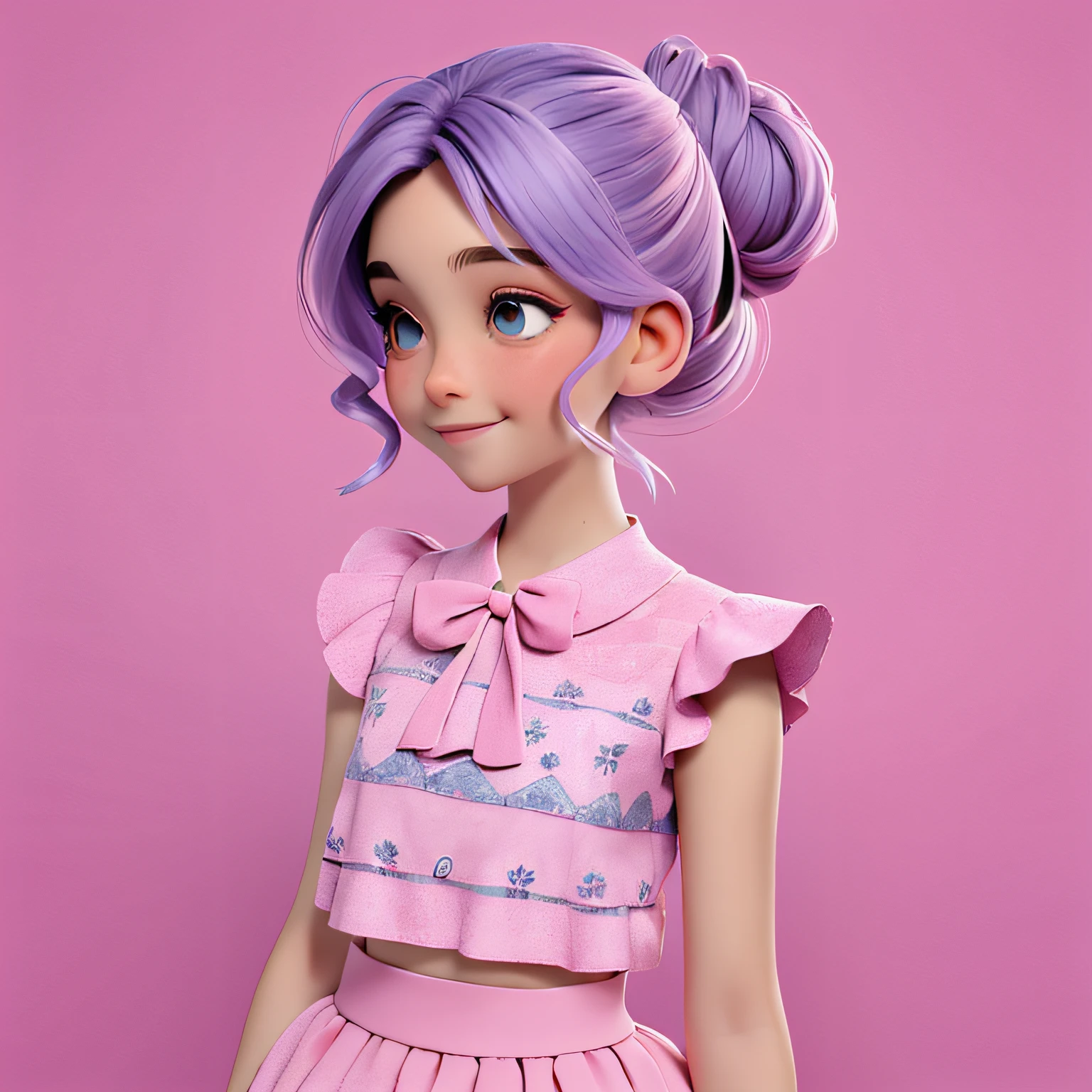 uma  meniur hair is stuck in a messy bun, pavor, multicolorido, roupas leves, corpo inteiro, The background is filled with a pastel shade, evoking a sense of lightness and happiness.