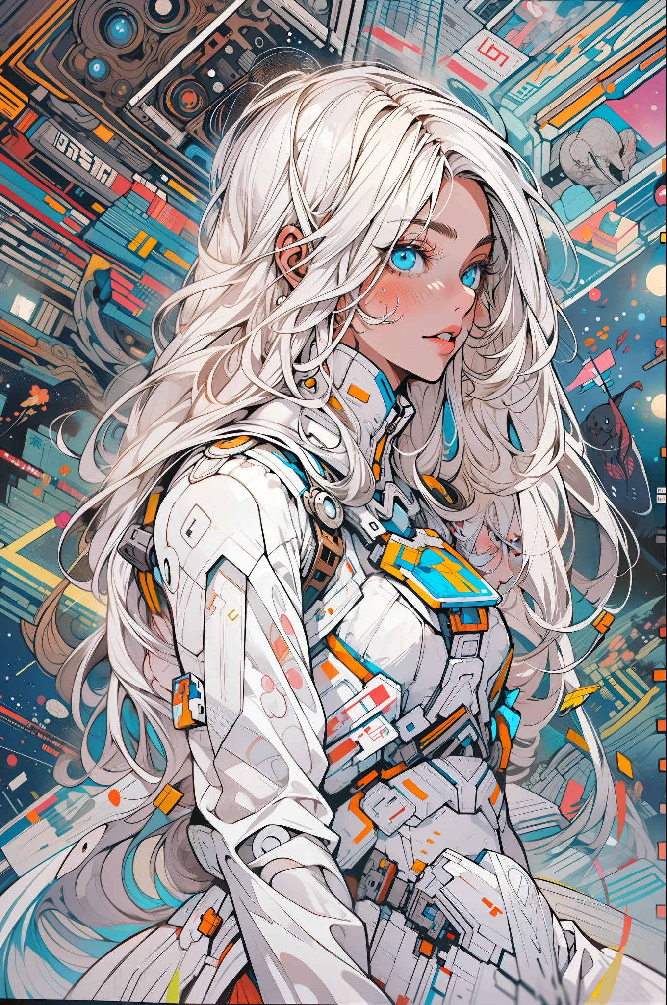tmasterpiece，1 monk warrior girl with white tech suit clothes，White long hair，laces，abstract vintage scifi background，art by Moebius，Ashley Wood's art，dynamicposes，Wandering Earth，Space Starry Sky