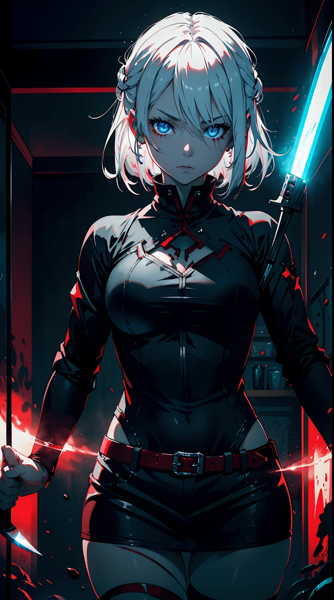 Gril, loli,white hair, blue eyes,Holding a knife, red liquid and red blood, living room background.HD lighting and dark )(epic image quality) dark atmosphere with bright particle light(many effects in background)