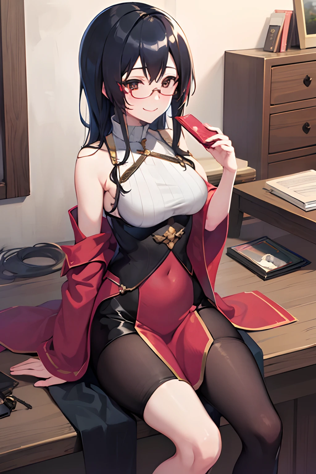 masutepiece, Best Quality,1girl in, (Solo:1.3),A dark-haired、Long hair、huge breasts,eye glass、a smile