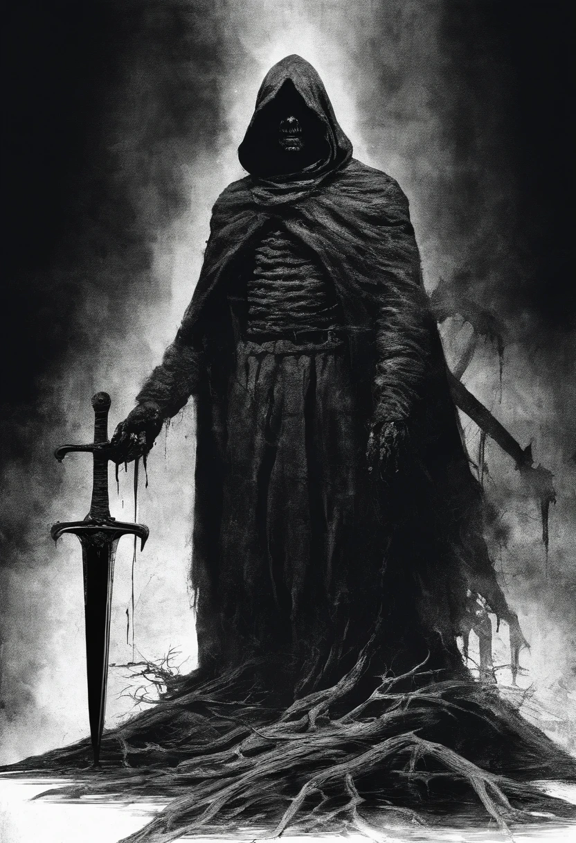Black shadow man with blood colour sword in his hand and dead body no his foot