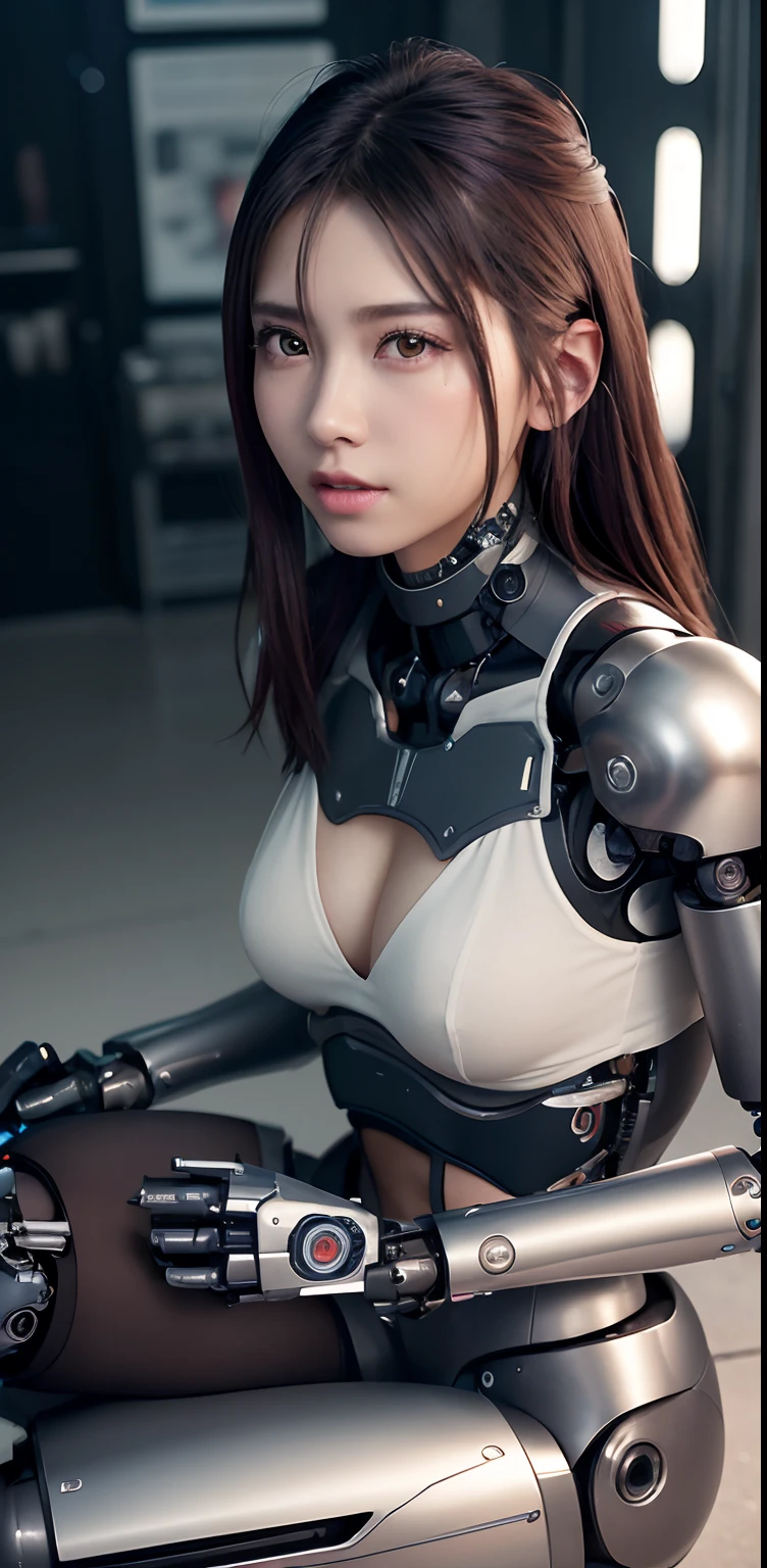 top-quality、​masterpiece、超A high resolution、(Photorealsitic:1.4)、((a beauty girl:1.6)), 1 full-body cyborg girl、、NOhumans、((The skin part is only the face)), Luminous Eyes、((Lots of split metal chest protectors)), Metal Robot、((The whole body is the body of a combat robot))、((Body parts are robot parts:1.8))、((The internal mechanisms of the chest are exposed)), ((Mechanical chest armor with LED indicators and meters)), Robot arms and legs、((Exposed metal skeleton of the abdomen))、Metal skeleton of the cervical region、Under repair、destroyed body、Metal Mechanical Bra、Full Body Metal Skin、Metal bodysuit、Metal scales covering the whole body、body made of metal、Whole body metal、a beauty girl、prosthetic hand、artificial leg、Full body cyborg、Exposed metal skeleton、Asian Beauty、cyberpunked、steampunc、Inside the futuristic space battleship、laboratory、Complex 3d rendering beautiful porcelain profile ultra detailed female type android face、dark brown  hair、glowy skin、((super realistic details))、portlate、globalillumination、Shadow、octan render、metals、Details of complex ornaments、Japan details、highly intricate detail、Realistic light、CGSoation Trends、a purple eye、radiant eyes、Facing the camera、neon details、Mechanical limbs、blood vessels connected to tubes、Mechanical vertebrae attached to the back、mechanical cervical attaching to neck、sitting on、Wires and cables connecting to the head、Gundam、Small LED lamp、​masterpiece、 Metal Robot、body made of metal、Whole body metal、prosthetic hand、artificial leg、Full body cyborg、Exposed metal skeleton、Asian Beauty、cyberpunked、steampunc、Futuristic cities、laboratory、Complex 3d rendering beautiful porcelain profile super detailed female android face、cyborgs、roboticparts、150mm、beautiful studio soft light、Rim Lights、vibrant detail、luxuriouscyberpunk、Ren Hao、surrealistic、Anatomical、face muscles、cable electric wires、microchips、elegent、beatiful backgrounds、octan render、HR Giger Style、8K、top-quality、​masterpiece、illustratio、extremely delicat