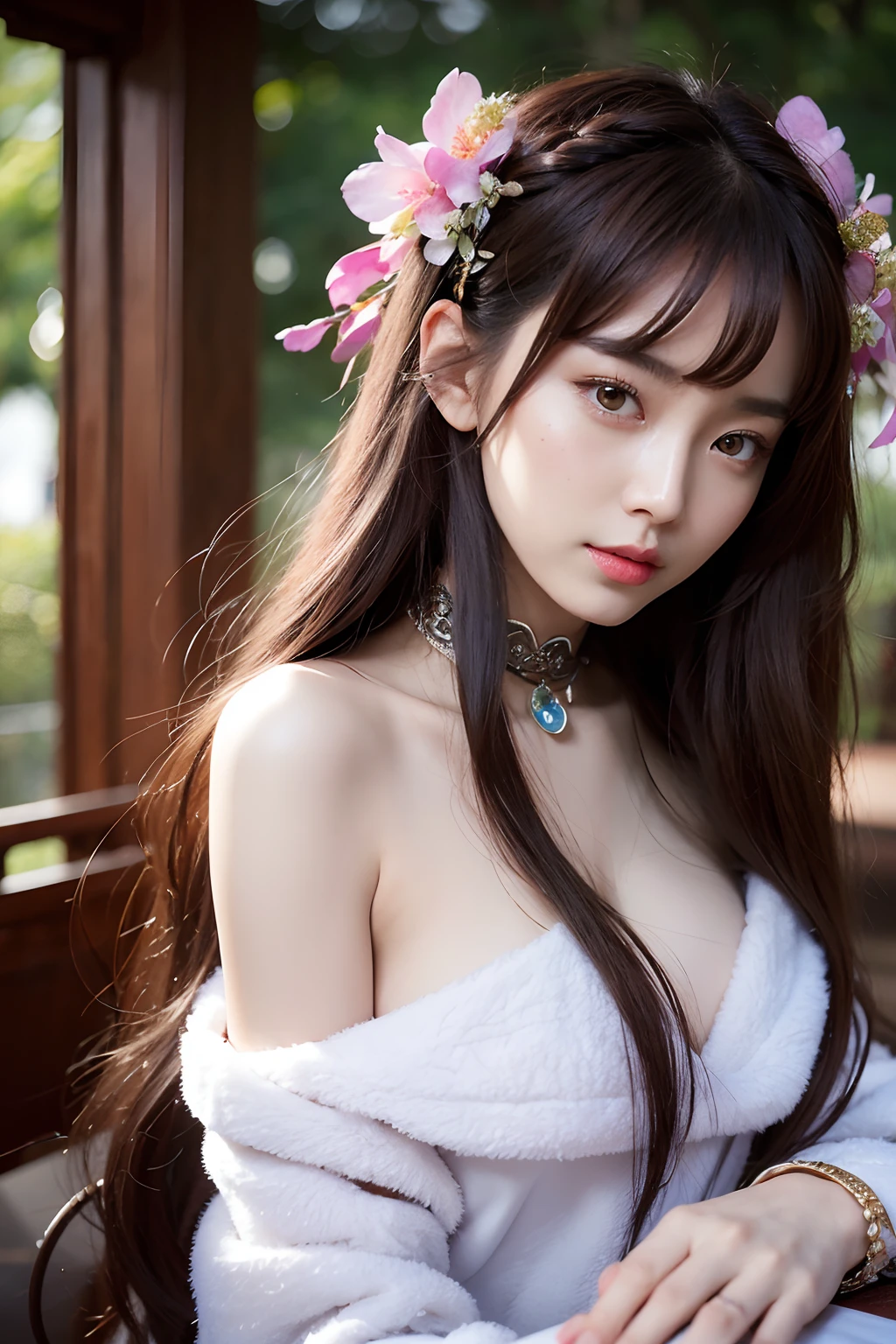 Works of masters,Higher quality,超高分辨率,8K分辨率,depth of fields,in a panoramic view,first person perspective,Slim waist,Vivid colors,s the perfect face,Girl,solo person,ssmile,Red lips,Big eyes,long whitr hair,A brown-haired,Wave head,Bracelet,Collar,bangle,Gorgeous Hanfu,frilld,lacing,Bare shoulders,fur shawl,Facing the viewer,eventide,Temple,Natural soft light