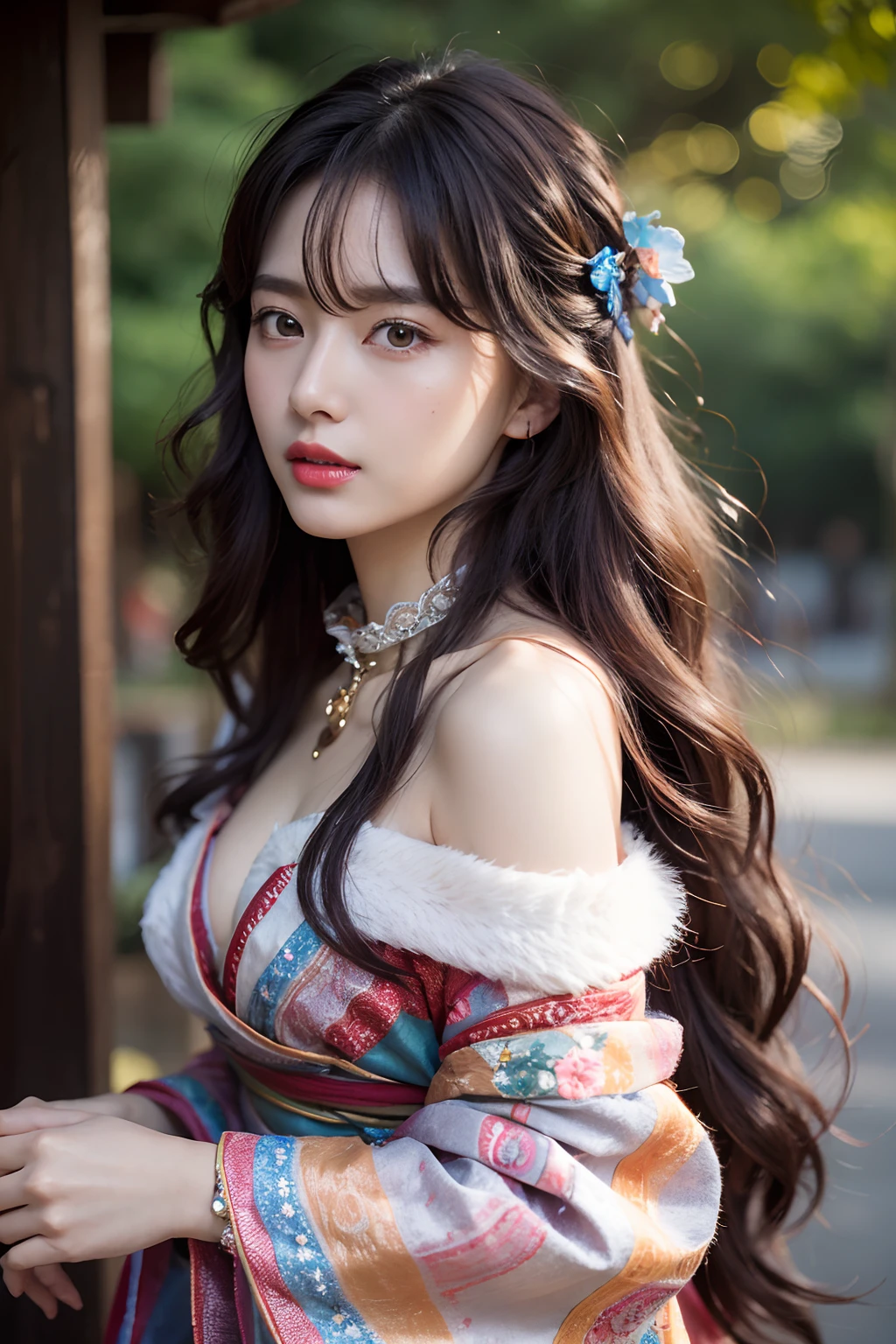 Works of masters,Higher quality,超高分辨率,8K分辨率,depth of fields,in a panoramic view,first person perspective,Slim waist,Vivid colors,s the perfect face,Girl,solo person,ssmile,Red lips,Big eyes,long whitr hair,A brown-haired,Wave head,Bracelet,Collar,bangle,Gorgeous Hanfu,frilld,lacing,Bare shoulders,fur shawl,Facing the viewer,eventide,Temple,Natural soft light