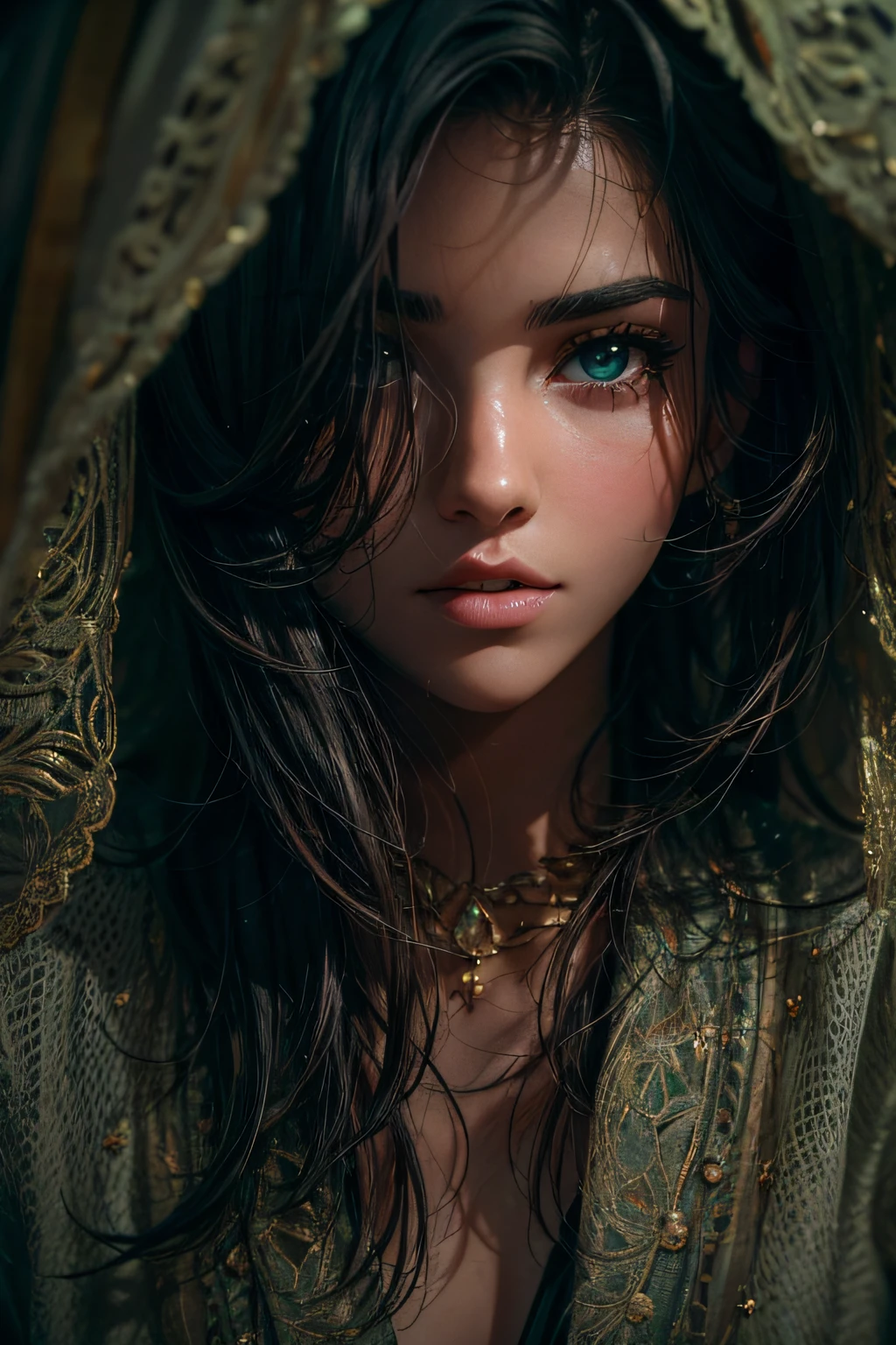 Close-up photo of a beautiful Arab girl, cara adorable, por el ancho negro, sin maquillaje, textura realista de la piel, warm, Low saturation, verde, colores ricos, por Alessio Albi, Nikon D850, ZEISS OTUS 85mm F/1.4, hiperrealista ,textura realista, Dramatic lighting, CineStill 800