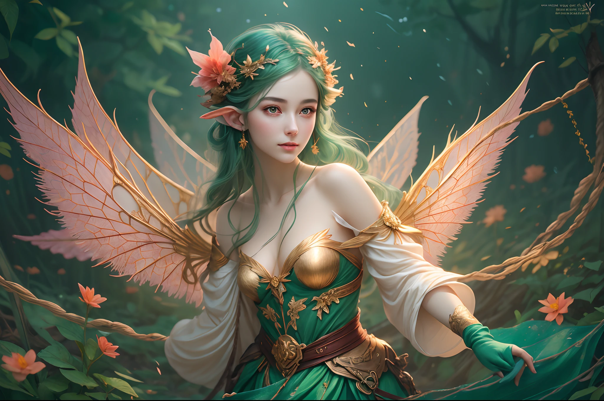 Portrait of Bust, Forest Elf, (Best Quality, 8K, Masterpiece: 1.3), Petite Body, (Beautiful Detailed Eyes), (Super Detail), (Desktop Wallpaper), Beautiful Face, (Detailed Face), Clear Facial Features, Human Ears, Radial Glow, Optical, Panoramic Illumination, Atmospheric Perspective, Dawn, Anti-Aliasing: 5D, Light Painting, Color, Perfect Body Beauty: 1.4 Huge wings, symmetrical transparent wings, Stunning details, (dynamic pose), in flight, gentle sunshine, Tiny elves fly in the air